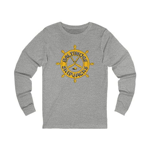 Baltimore Skipjacks 1982 Long Sleeve Shirt in athletic heather with the yellow ship's wheel with crossed sticks on the front