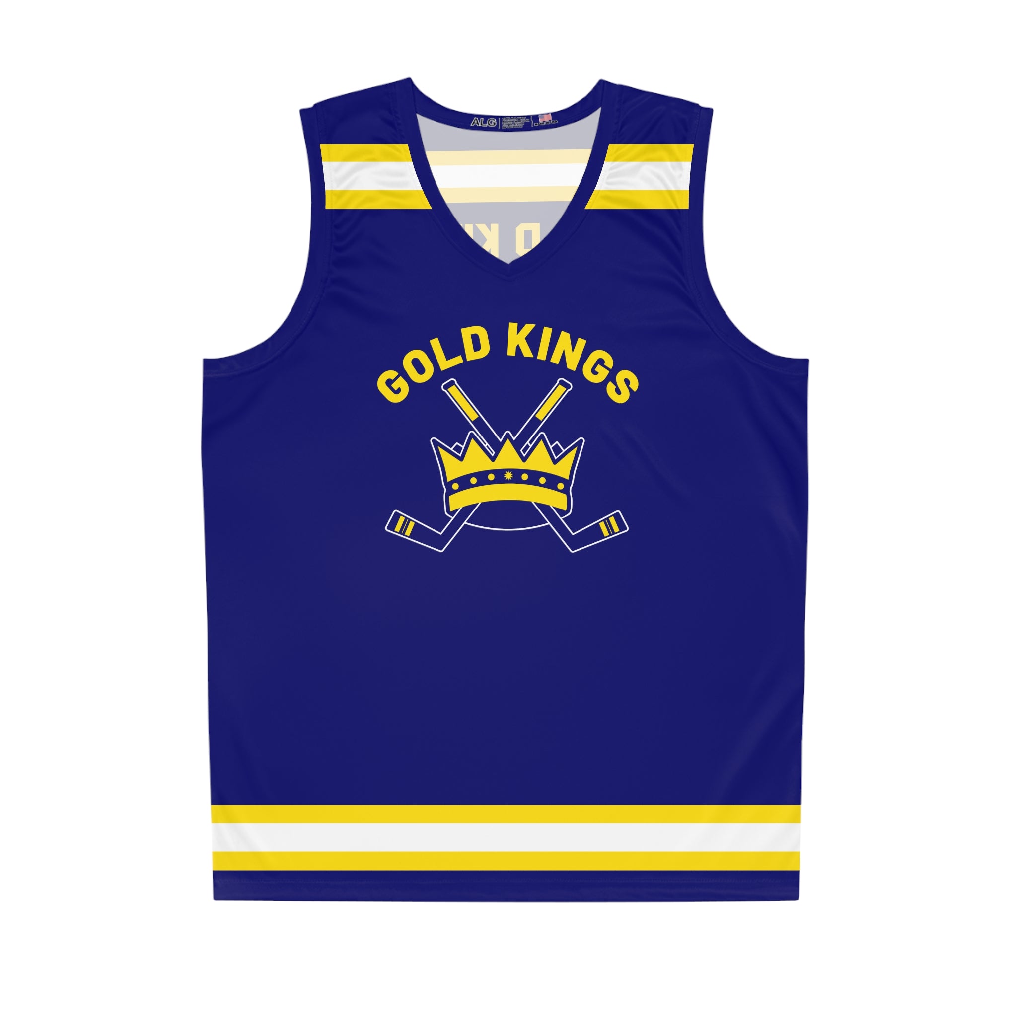 Alaska Gold Kings Tank Top in seam thread color automatically matched to design with the gold crown over crossed blue sticks on the front