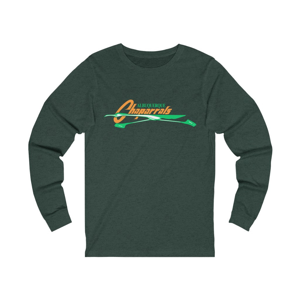 Albuquerque Chaparrals Long Sleeve Shirt with the orange script over a green roadrunner swoosh on the front