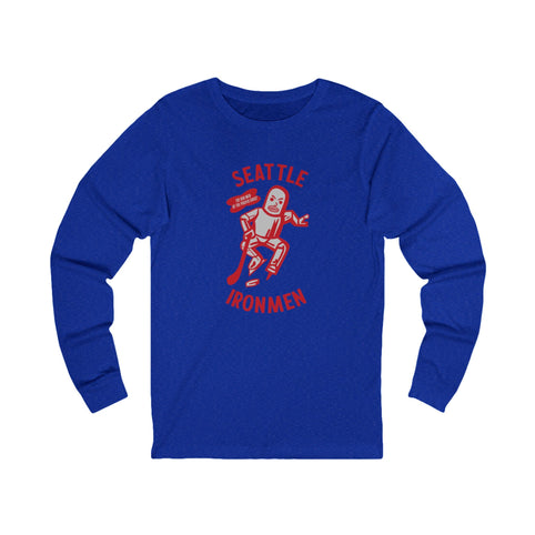 Seattle Ironmen Long Sleeve Shirt with the red retro robot skater with arched lettering on the front