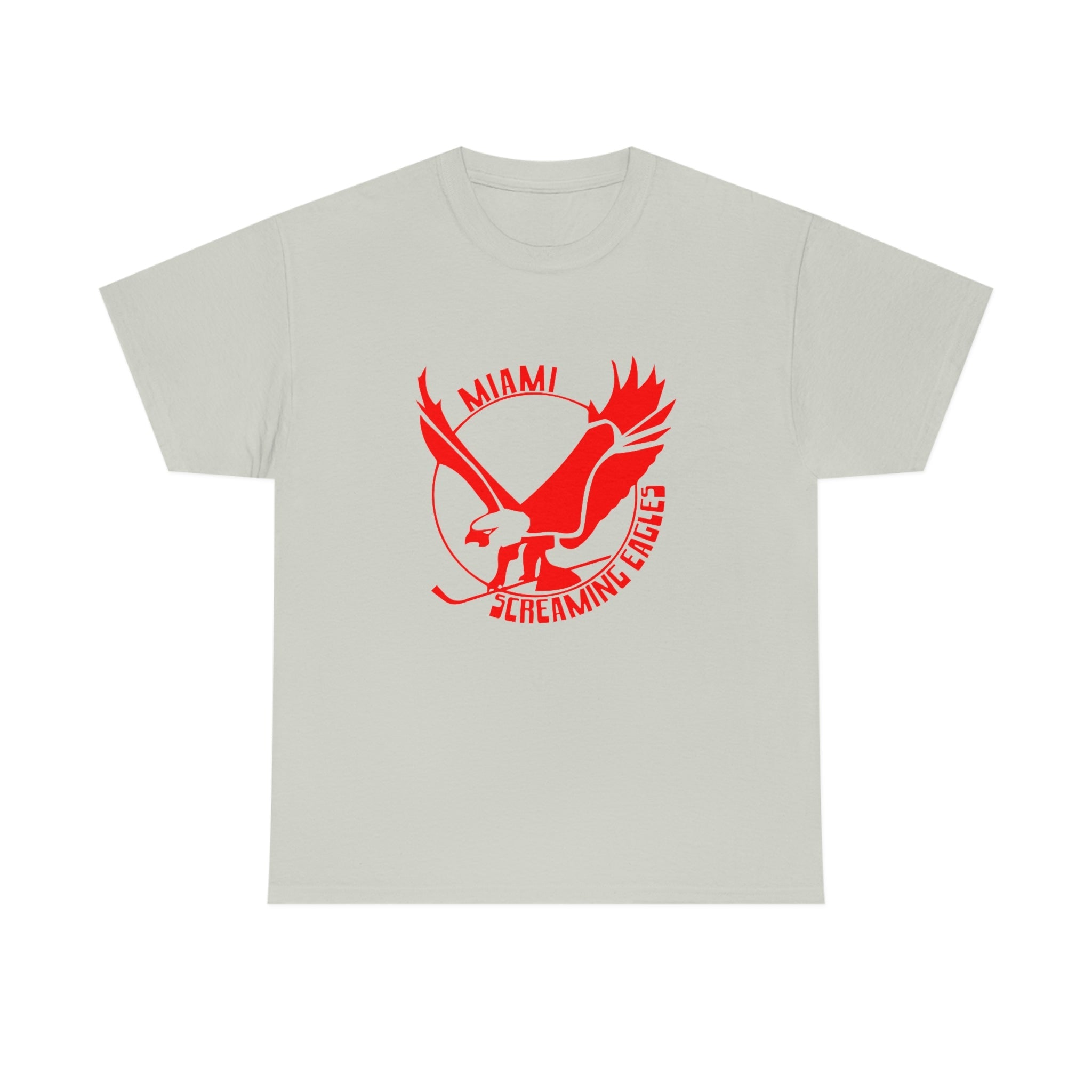 CLEARANCE Miami Screaming Eagles T-Shirt in ice grey with the red eagle diving with a stick and red lettering on the front