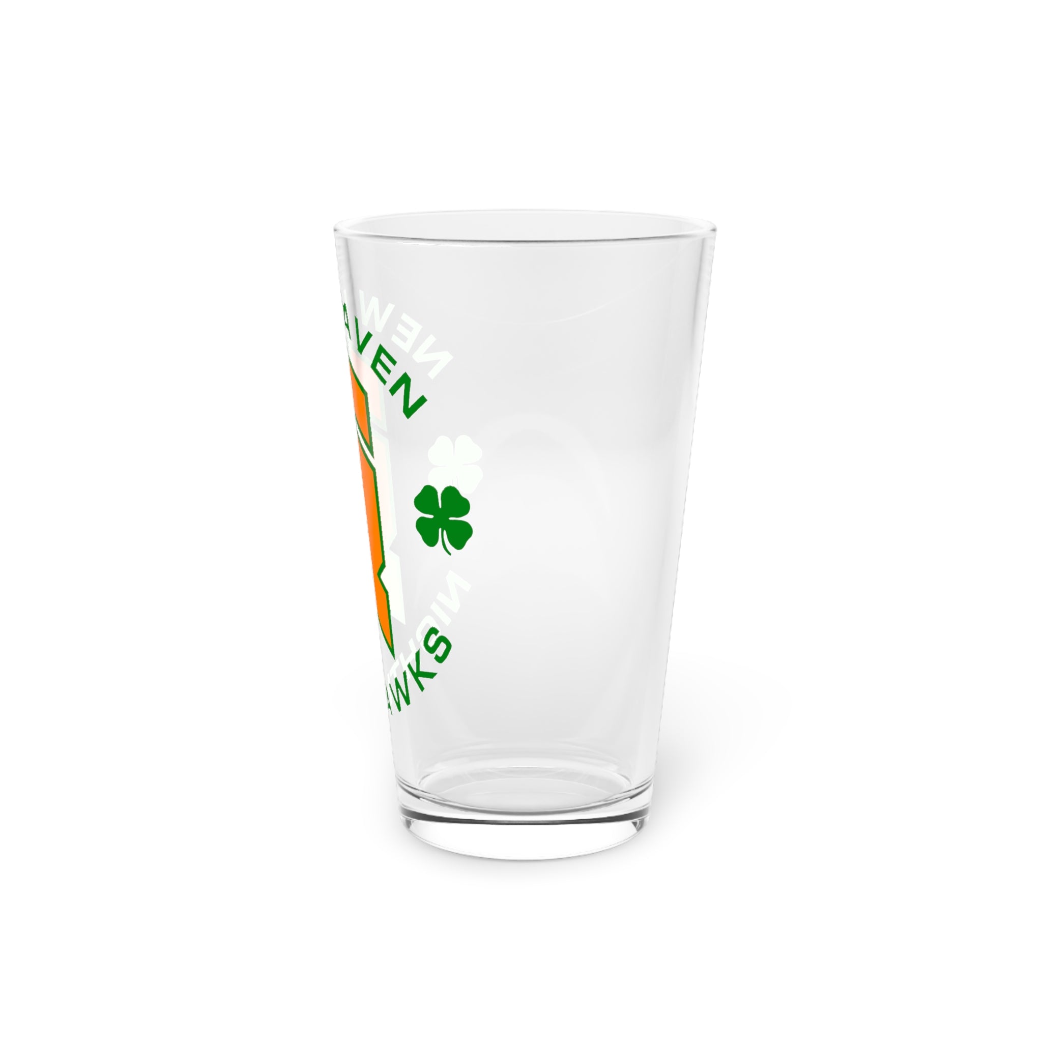New Haven Nighthawks Irish Pint Glass with the orange hawk logo with green shamrocks, right side view