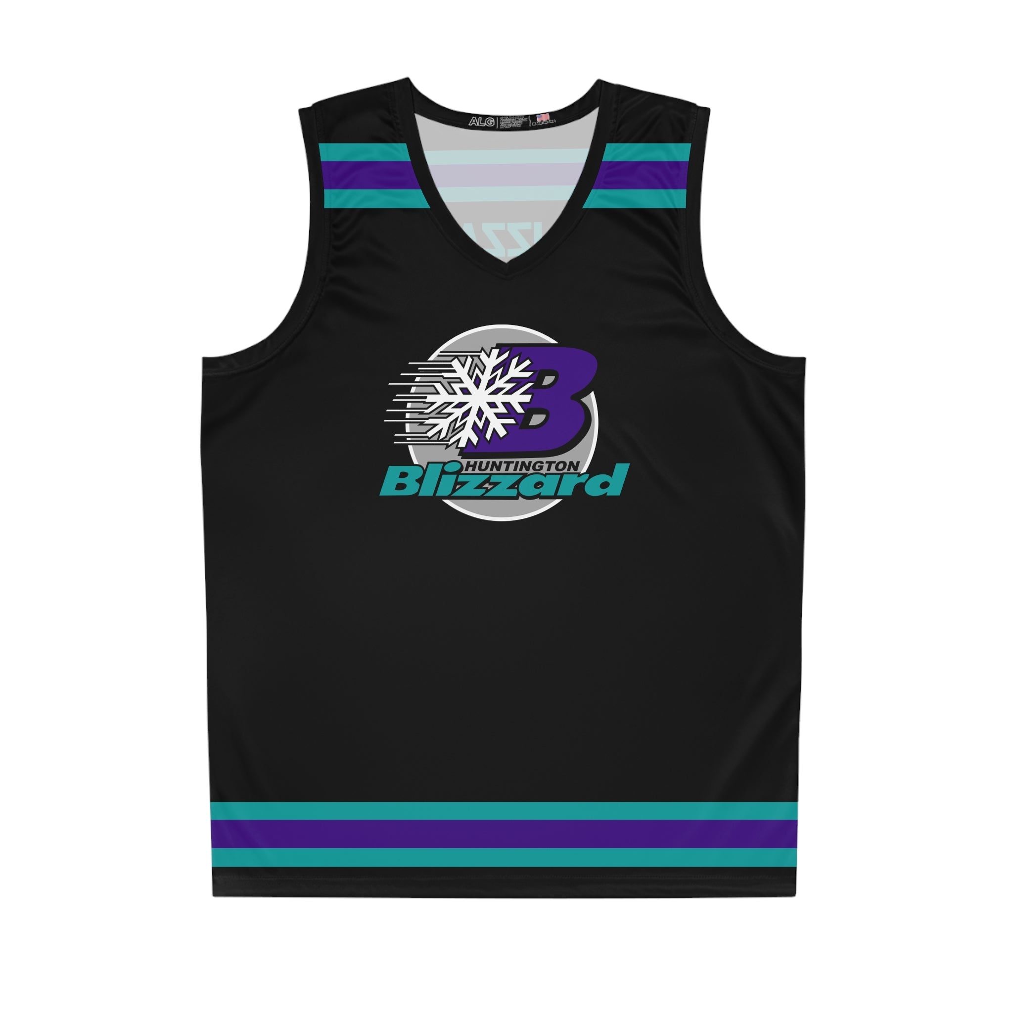 CLEARANCE Huntington Blizzard Tank Top in black with the snowflake and purple B over teal script on the front
