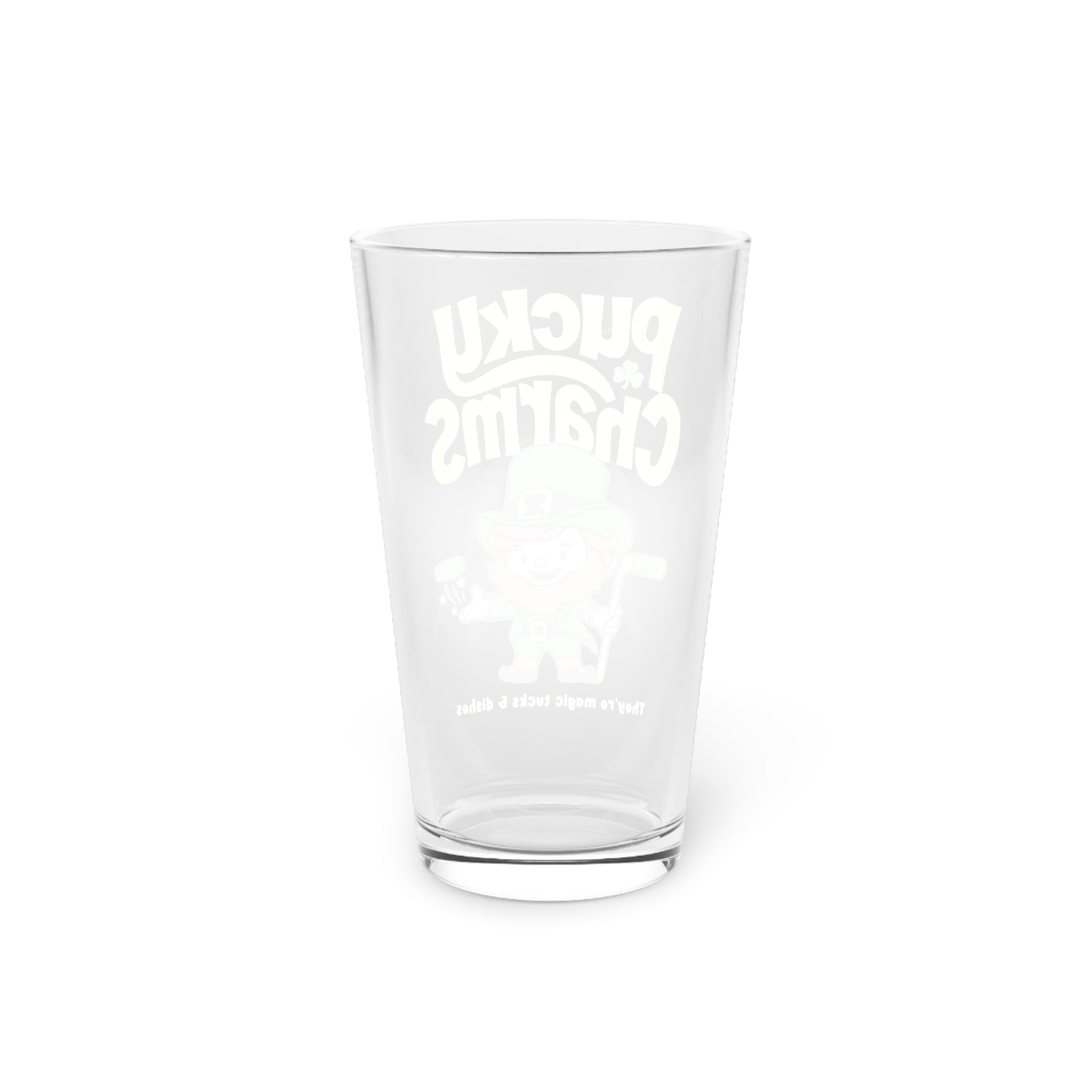 Pucky Charms Pint Glass, 16oz with the cartoon leprechaun with a stick and yellow lettering, back view