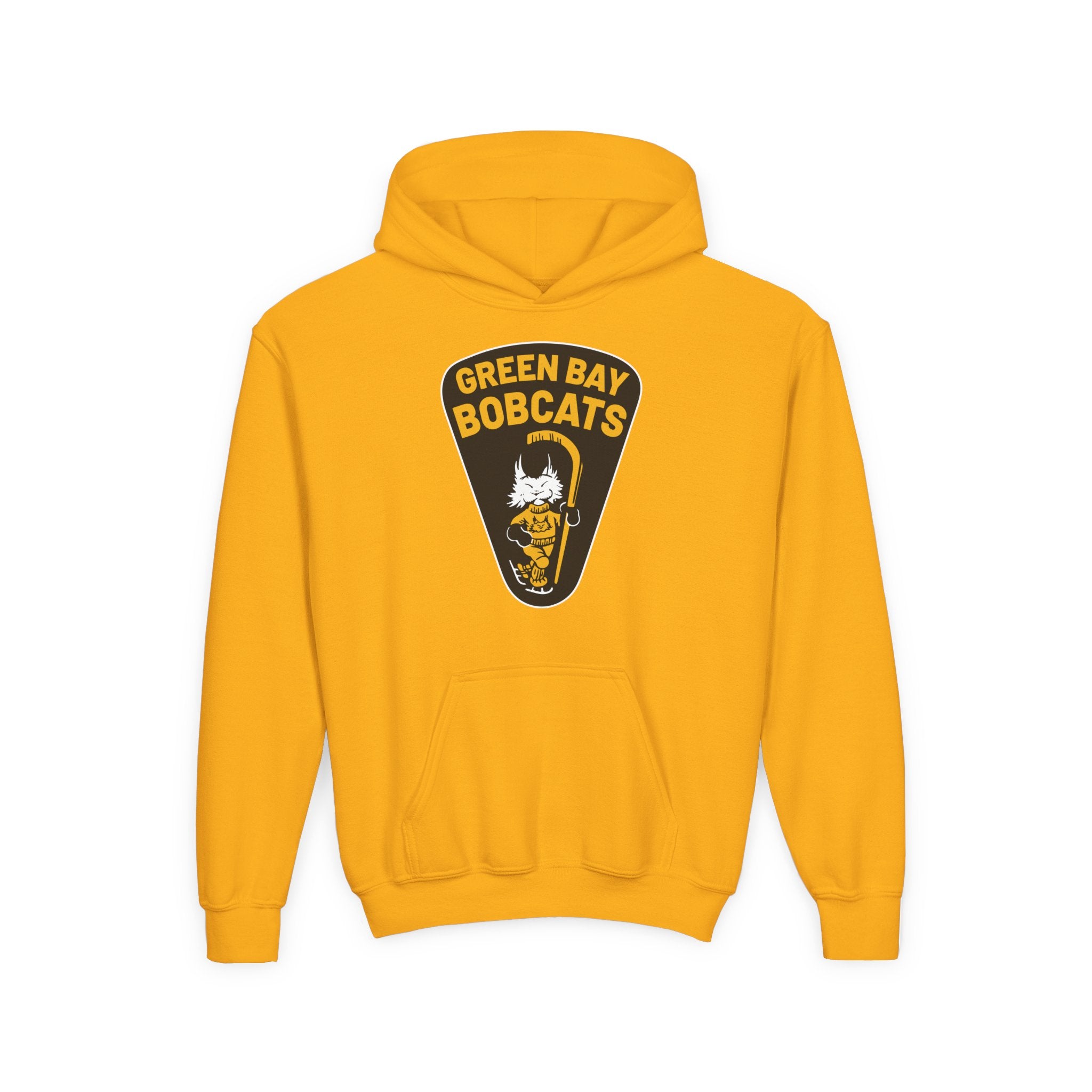 Green Bay Bobcats Hoodie (Youth) in gold with the cartoon bobcat skater on a black pennant on the front