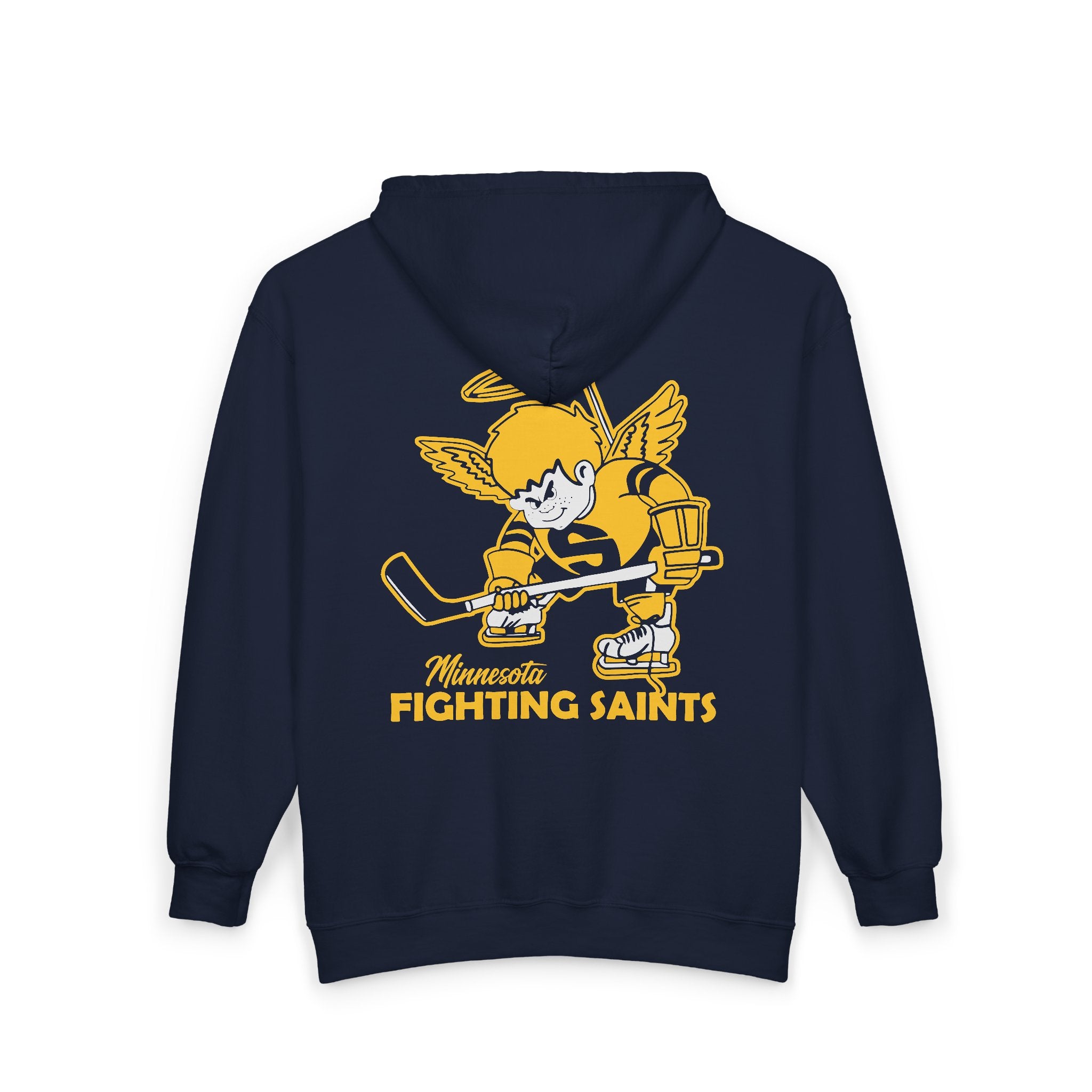 Minnesota Fighting Saints Hoodie (Zip) in navy, back view with the gold haloed angel skater with a stick