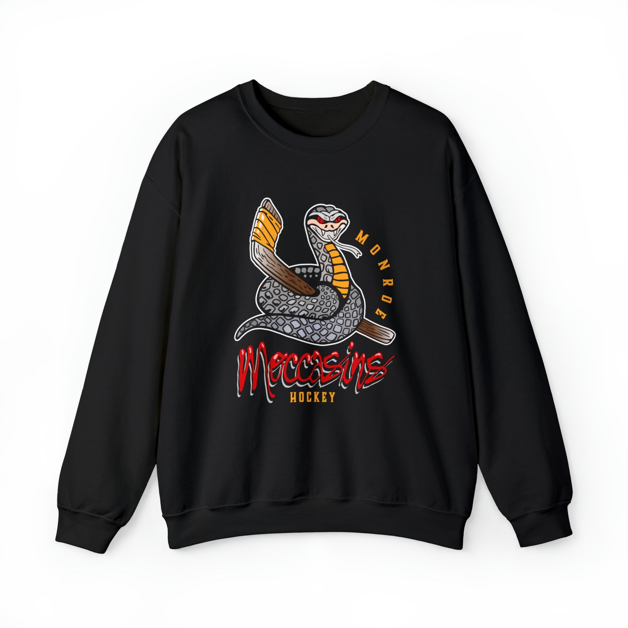 CLEARANCE Monroe Moccasins Crewneck Sweatshirt in black with the coiled snake with a stick over red script on the front