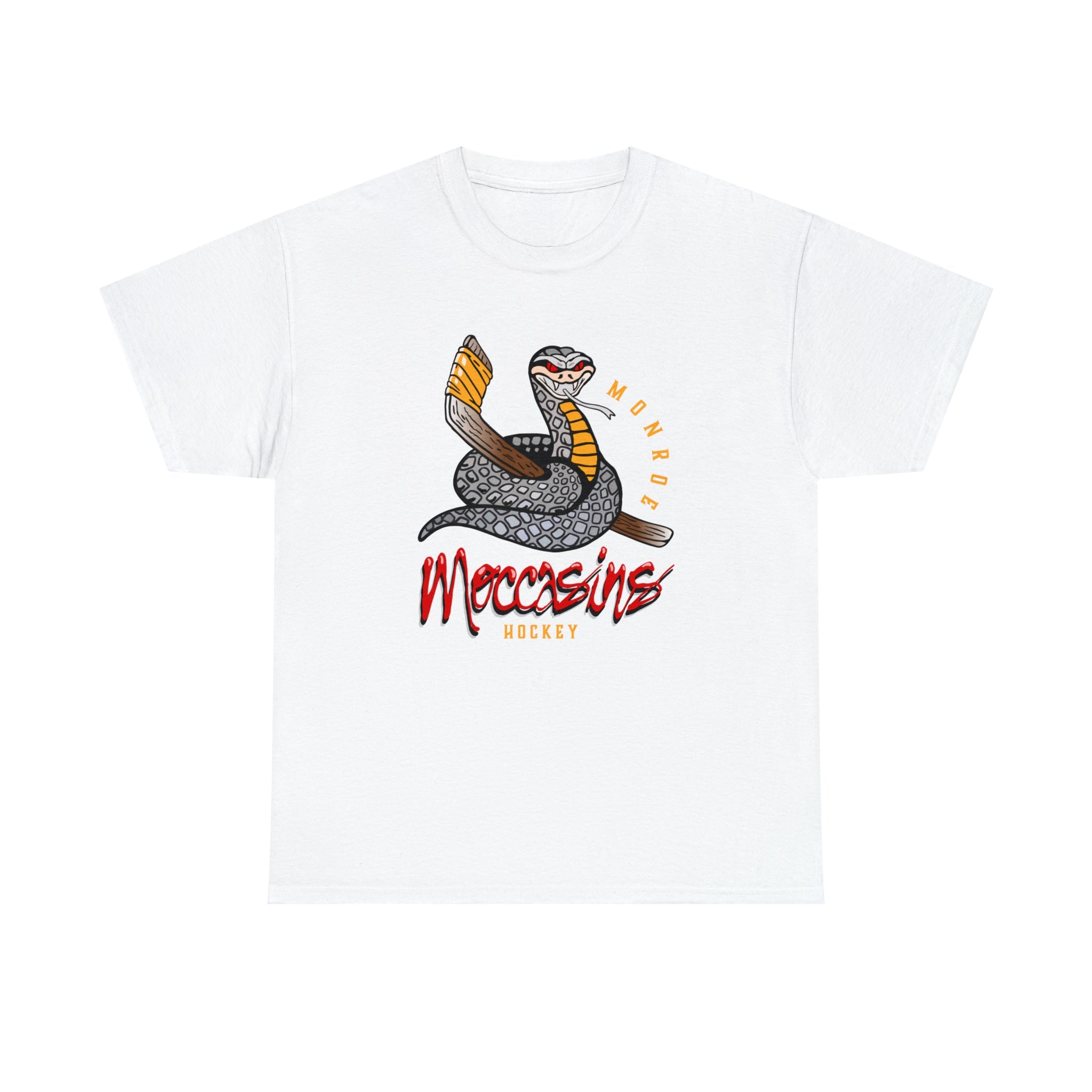 CLEARANCE Monroe Moccasins T-Shirt in white with the coiled snake with a stick over red script on the front