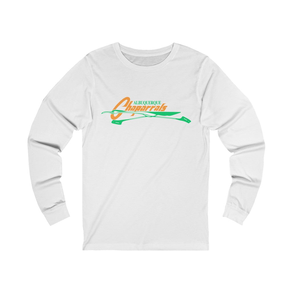 Albuquerque Chaparrals Long Sleeve Shirt with the orange script over a green roadrunner swoosh on the front, view 2