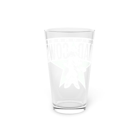 Columbus Mad Cows Pint Glass with the cartoon cow skater on a green star, back view