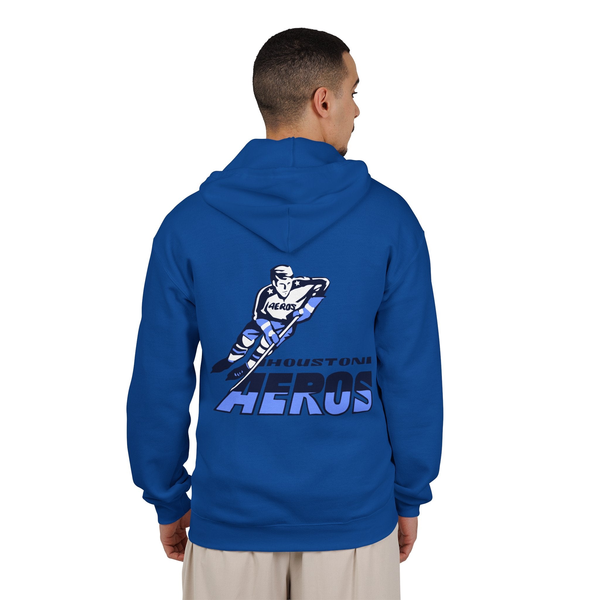 Houston Aeros 1970s Hoodie (Zip) in royal, worn by model, back with the skating player over blue slanted lettering