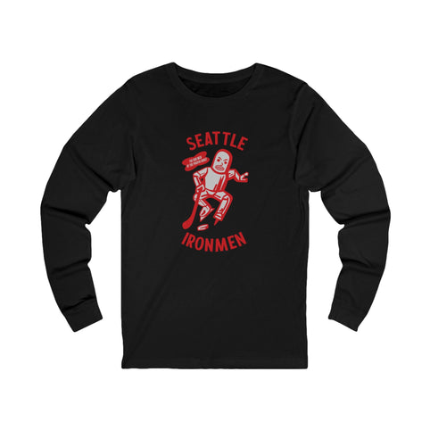 Seattle Ironmen Long Sleeve Shirt with the red retro robot skater with arched lettering on the front, view 3