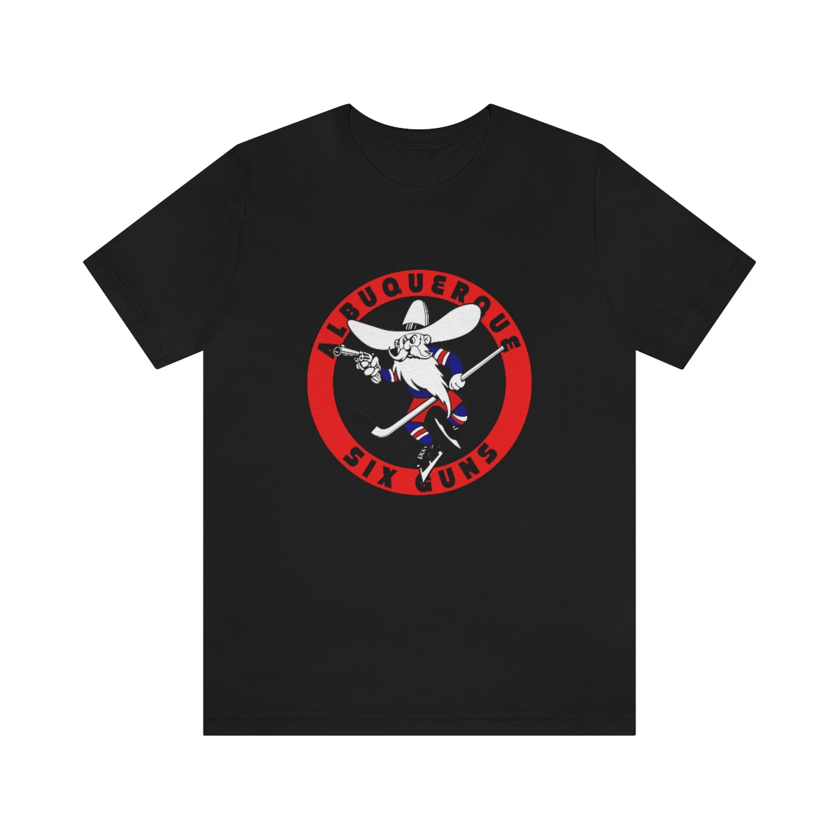 CLEARANCE Albuquerque Six Guns T-Shirt (Premium Lightweight) in black with the sombrero-wearing skater in a red ring on the front