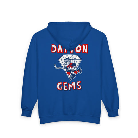 Dayton Gems Hoodie (Zip) in royal, back view with the skater inside a diamond with red block lettering