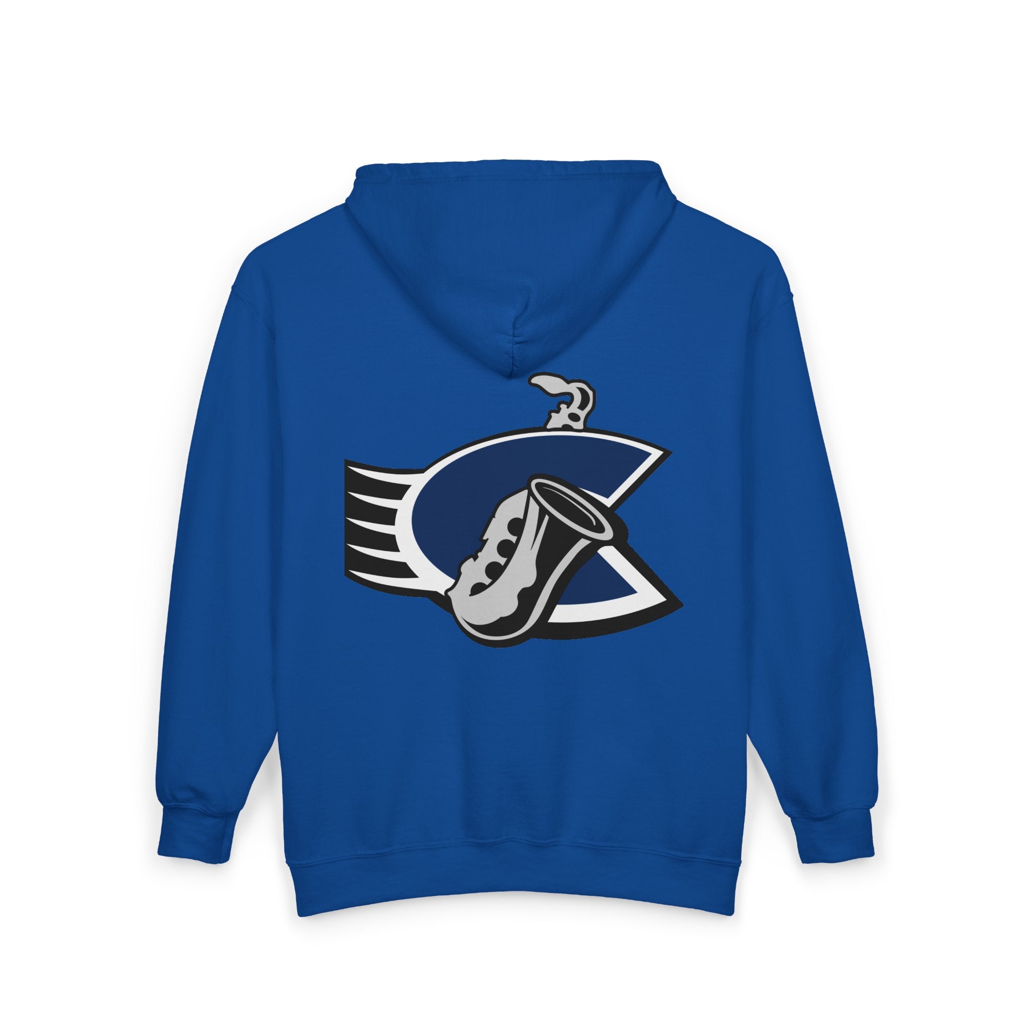 Chicago Bluesmen Hoodie (Zip) in royal, back view with the saxophone over a navy and black C logo