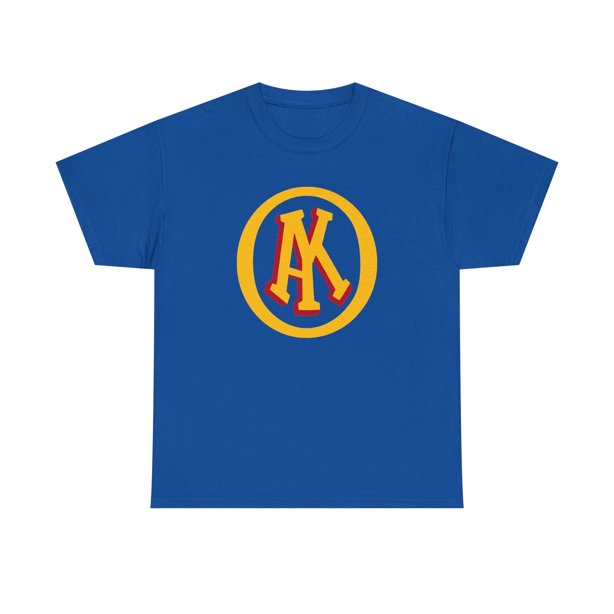 Omaha Knights 1940s T-Shirt in royal with the gold and red AK monogram in a gold ring on the front