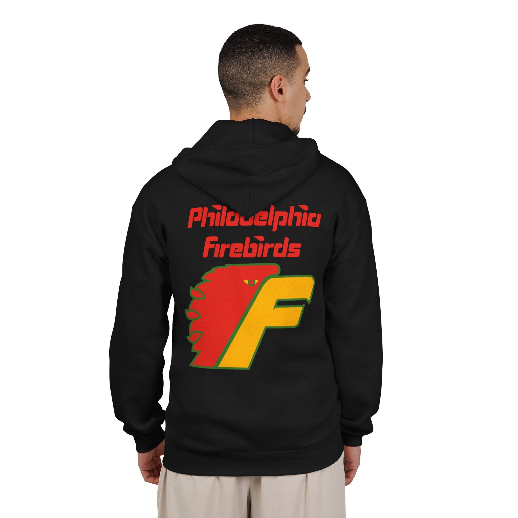 Philadelphia Firebirds Hoodie (Zip) in black, worn by model, back with the red and yellow firebird F logo with red script