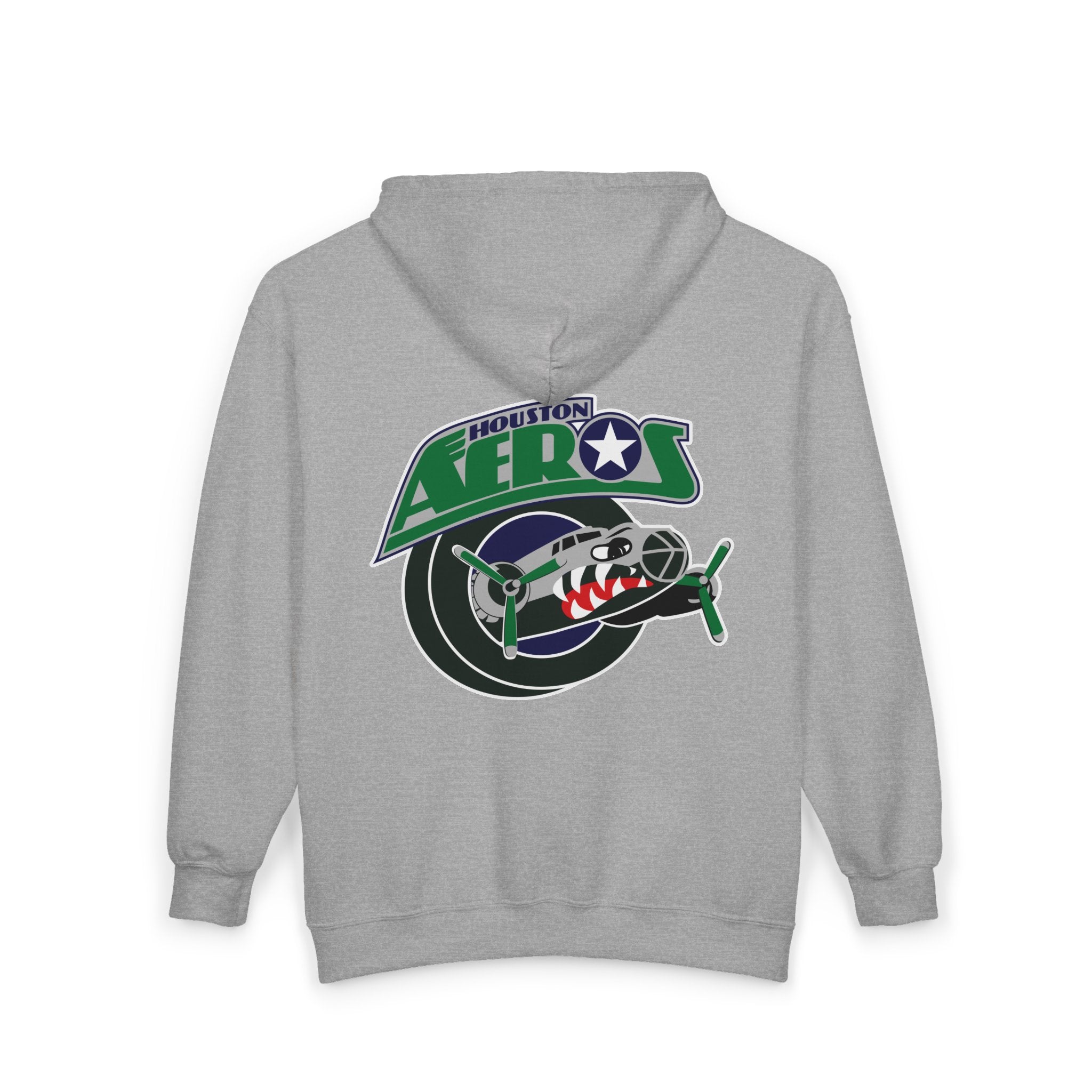 Houston Aeros 1990s Hoodie (Zip) in sport grey, back view with the shark-nosed plane over a puck with green lettering