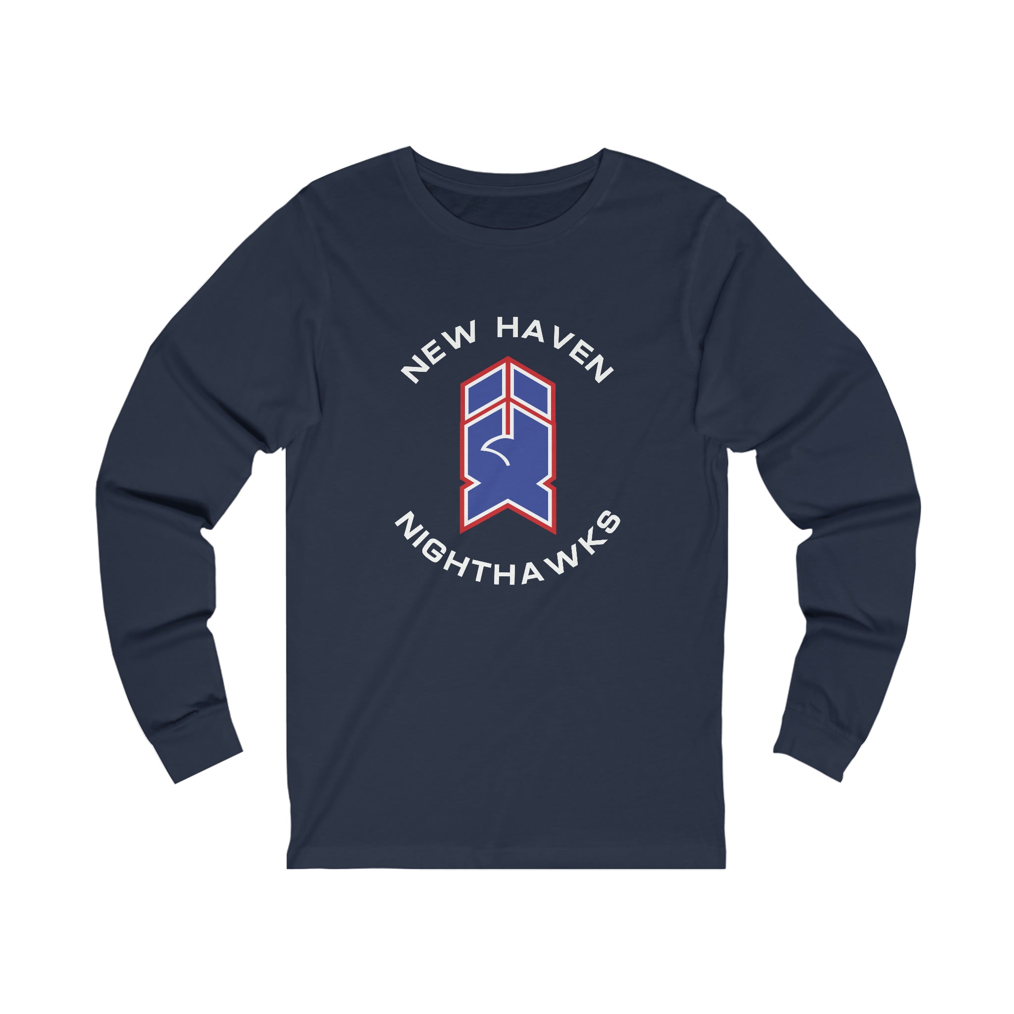 New Haven Nighthawks 1980s Long Sleeve Shirt with the blue and red hawk-head emblem with arched lettering on the front