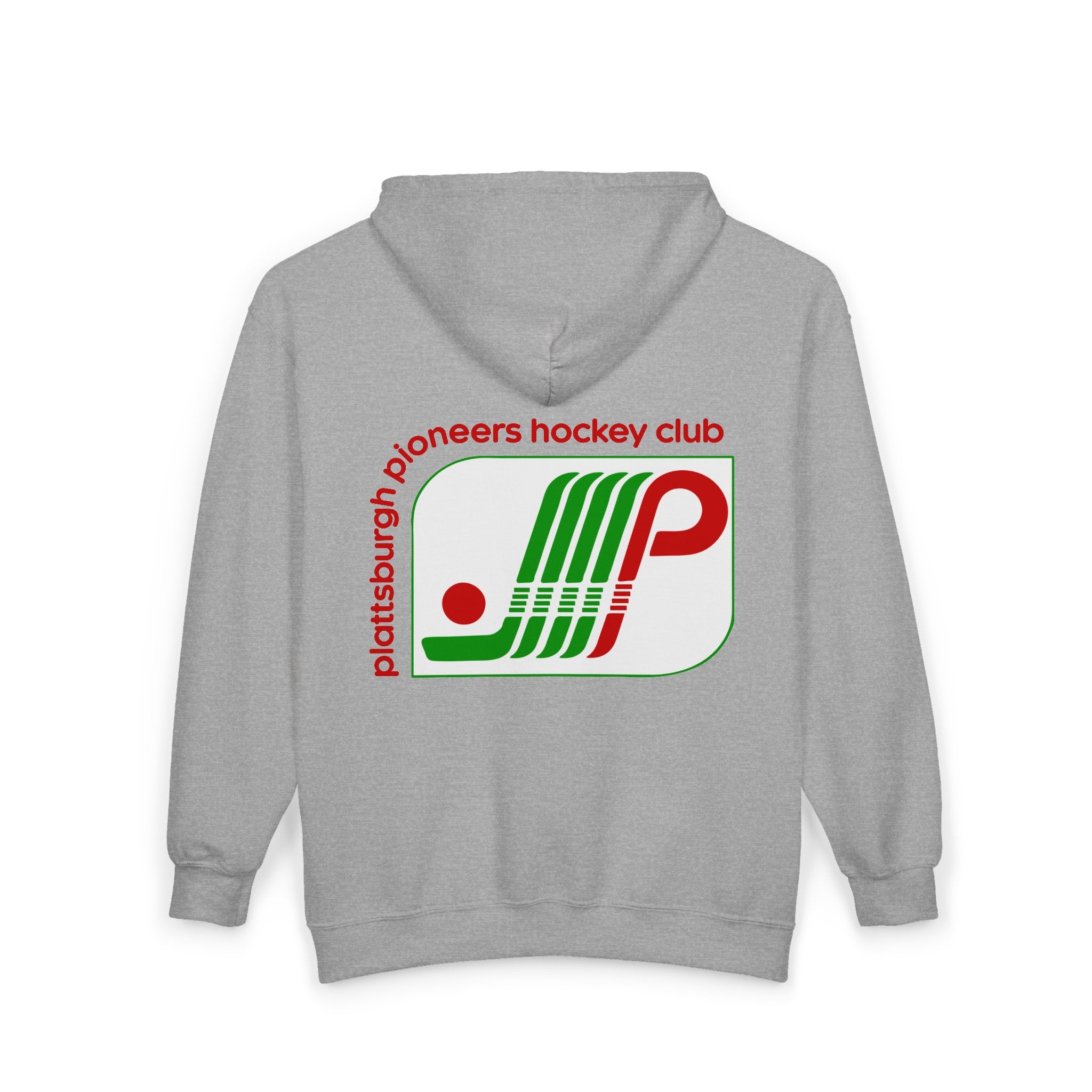 Plattsburgh Pioneers Hoodie (Zip) in sport grey, back view with the green and red striped P logo with a puck