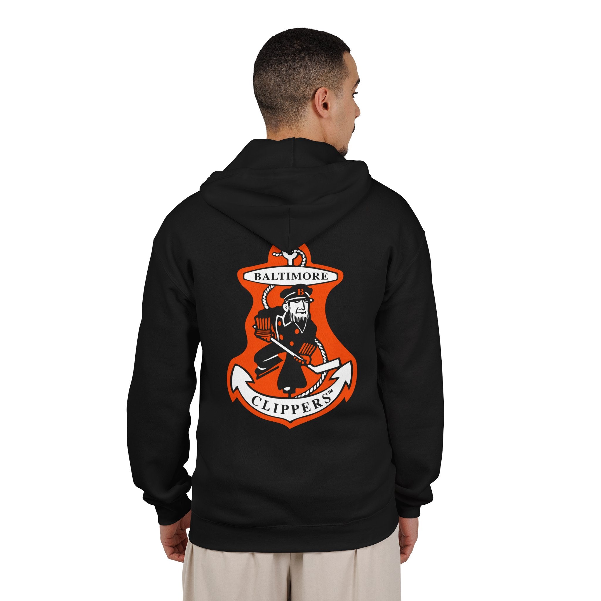 Baltimore Clippers Hoodie (Zip) in black, worn by model, back with the sea captain skater on an orange anchor crest