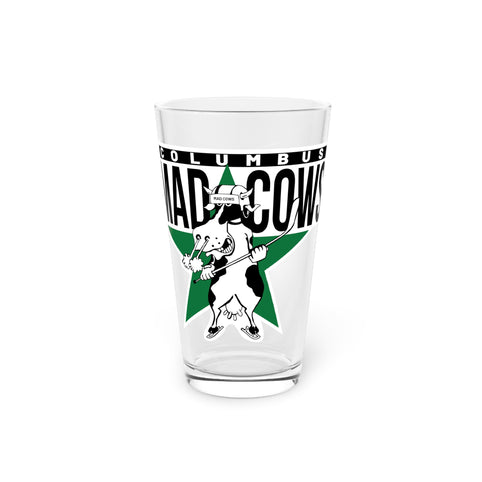 Columbus Mad Cows Pint Glass with the cartoon cow skater on a green star