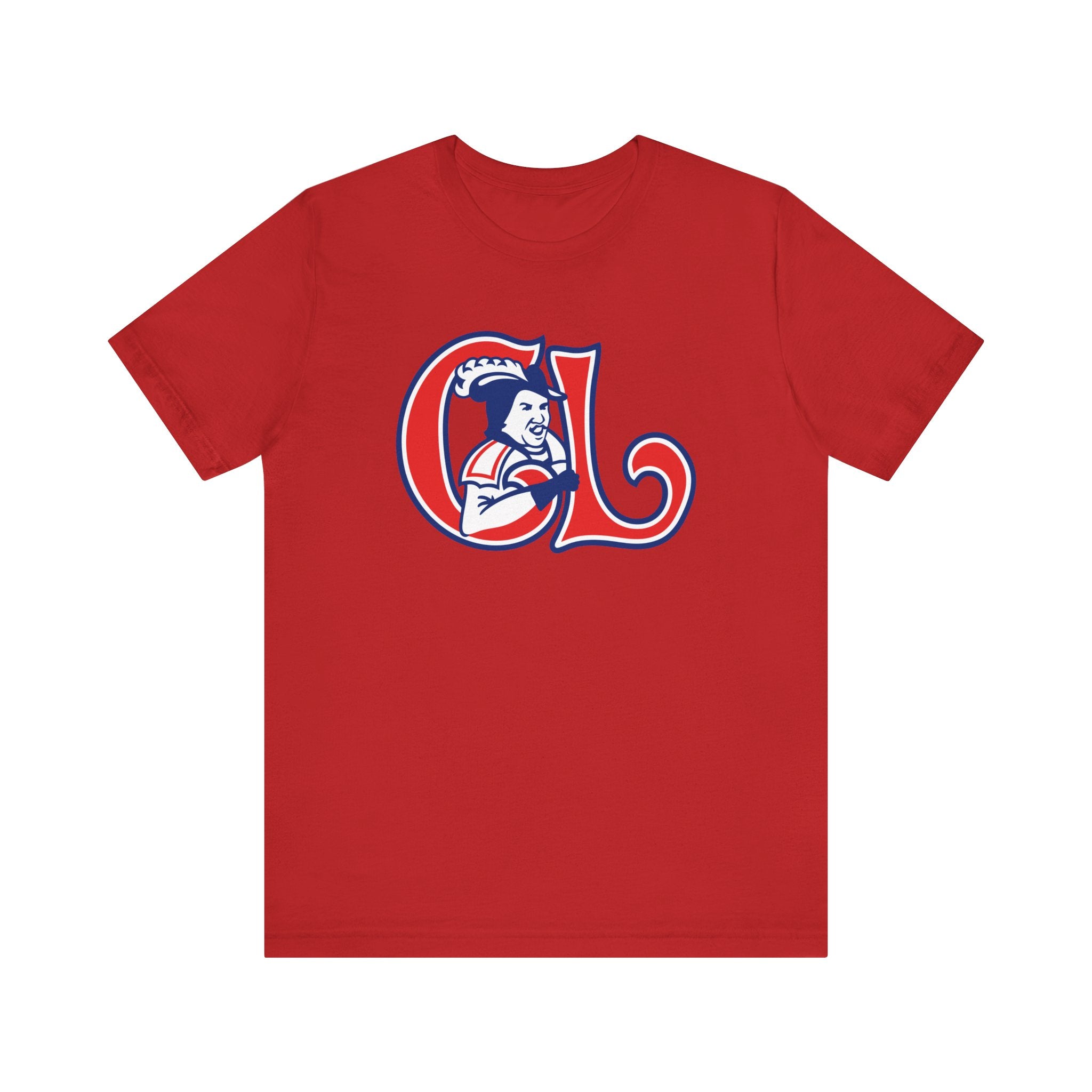 CLEARANCE Longueuil Chevaliers T-Shirt (Premium Lightweight) in red with the knight head inside a red and blue CL monogram on the front