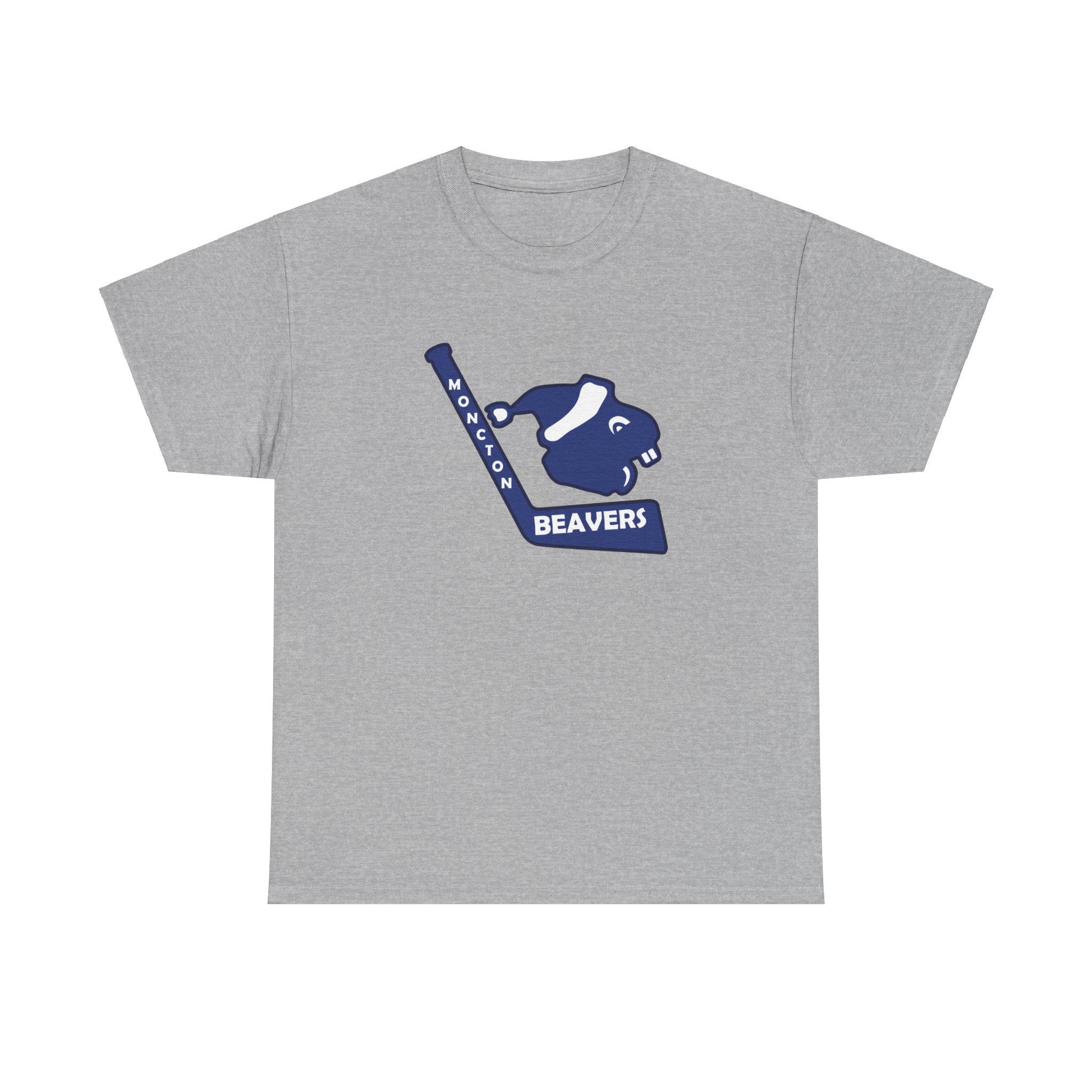 CLEARANCE Moncton Beavers T-Shirt in sport grey with the navy beaver head on a hockey stick on the front