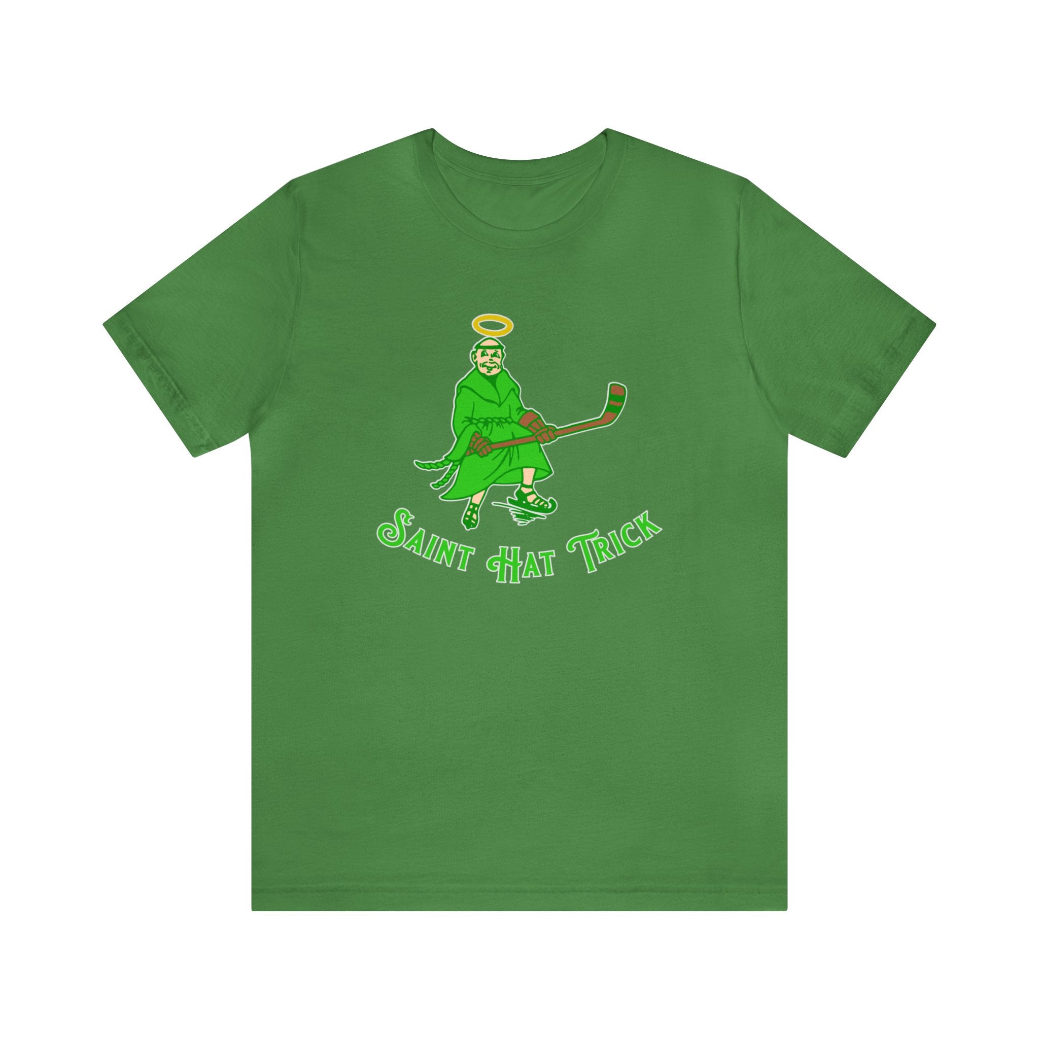 Saint Hat Trick T-Shirt (Premium Lightweight) in leaf with the haloed monk skater in green with script on the front