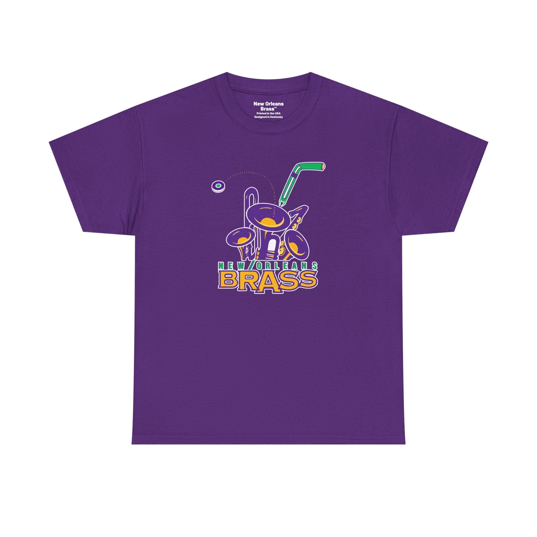 CLEARANCE New Orleans Brass T-Shirt in purple with the purple horn-shaped mascot with a green stick on the front