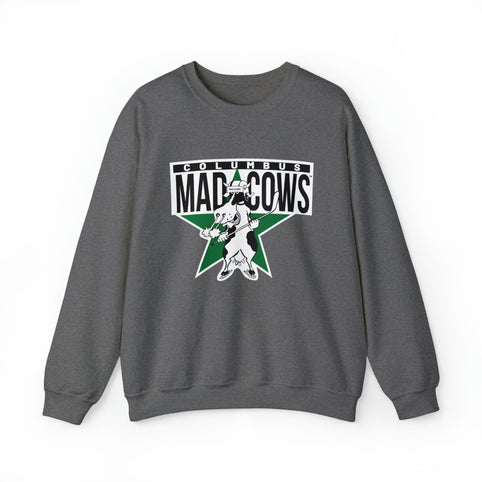 Columbus Mad Cows Crewneck Sweatshirt in graphite heather with the cartoon cow skater on a green star on the front