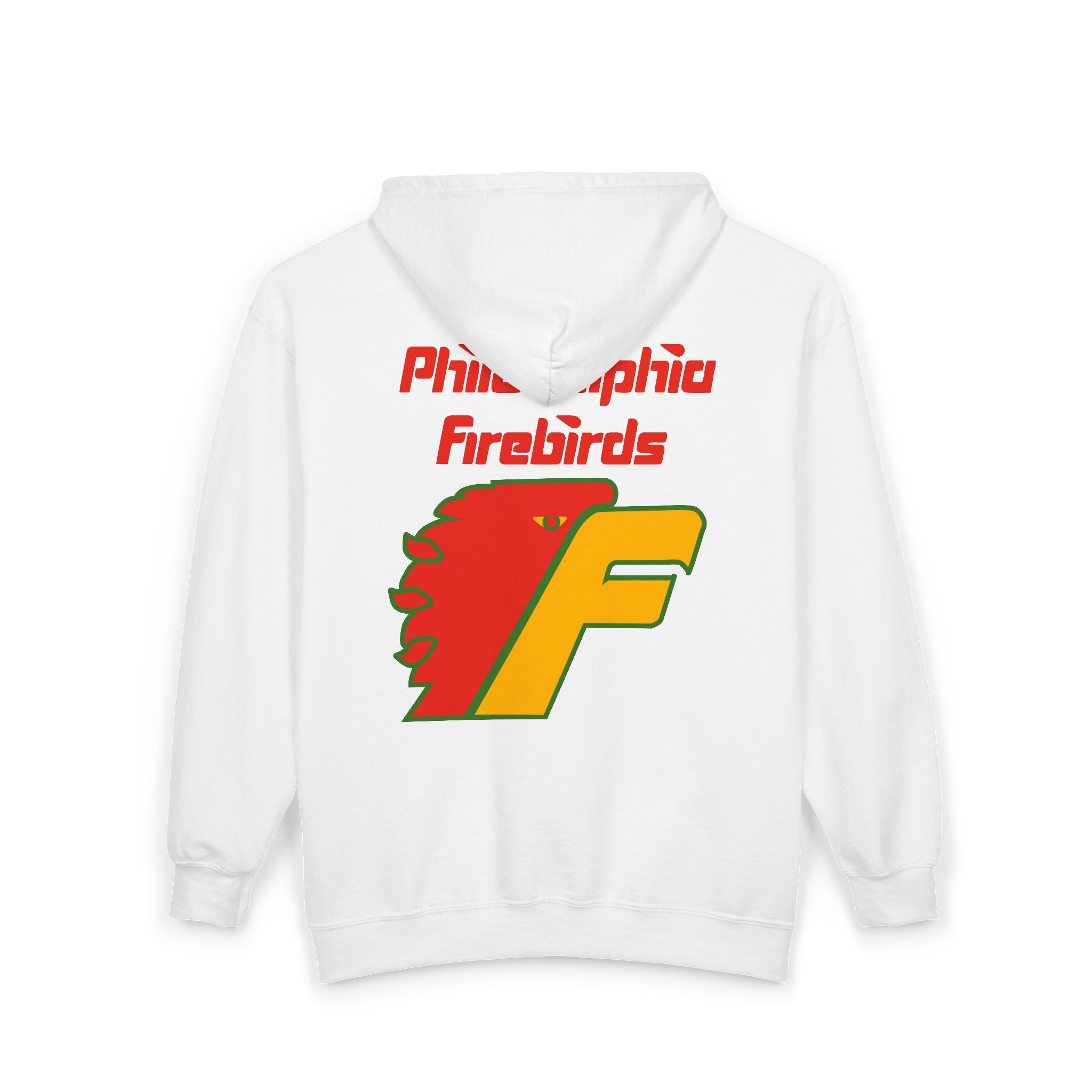 Philadelphia Firebirds Hoodie (Zip) in white, back view with the red and yellow firebird F logo with red script