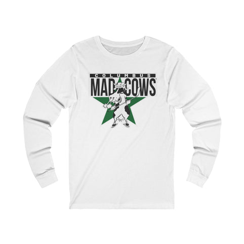 Columbus Mad Cows Long Sleeve Shirt with the cartoon cow skater on a green star on the front, view 3