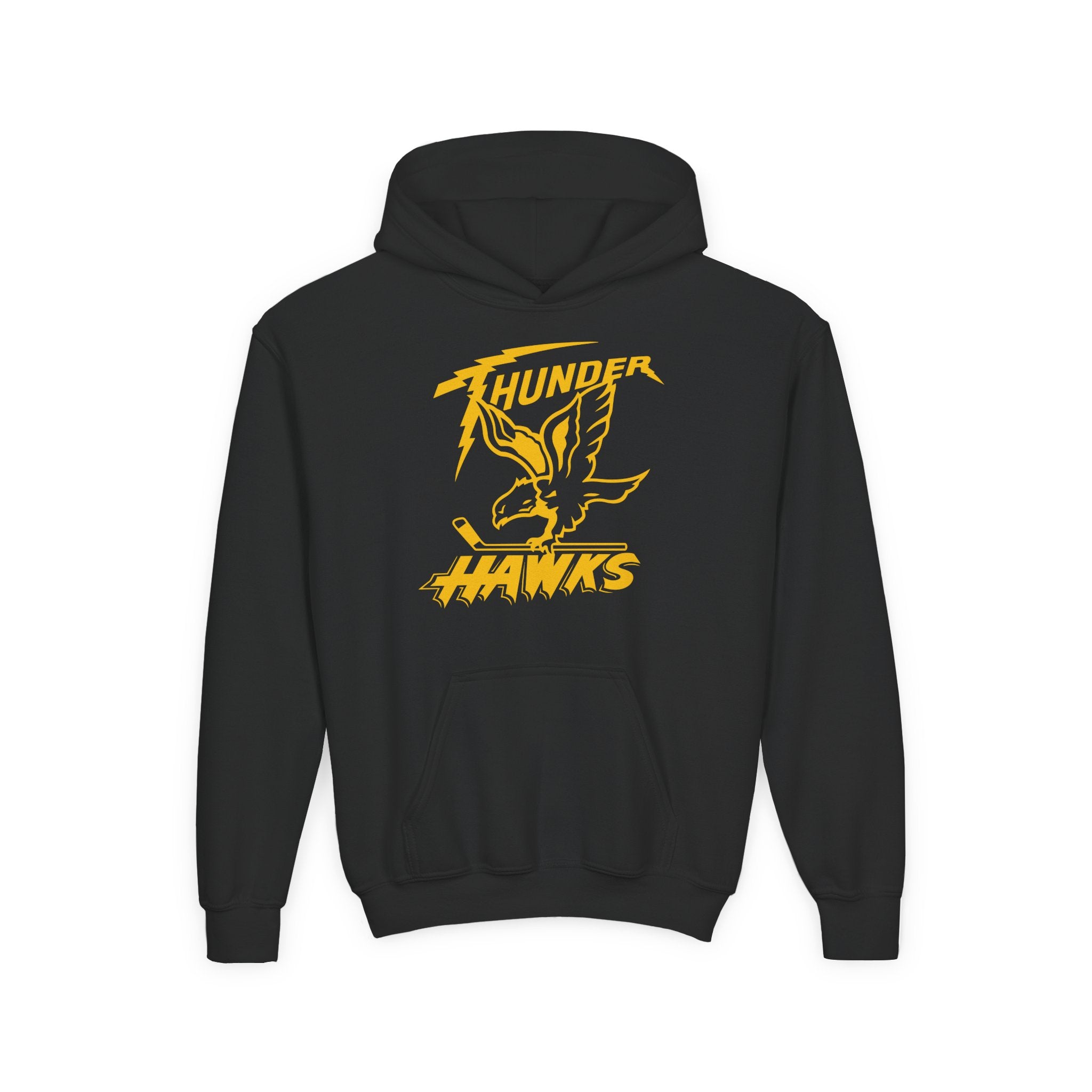 Thunder Bay Thunder Hawks Hoodie (Youth) in black with the yellow hawk with lightning-bolt lettering on the front