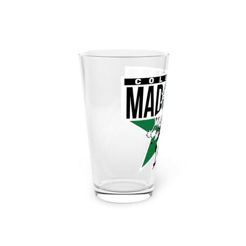 Columbus Mad Cows Pint Glass with the cartoon cow skater on a green star, left side view