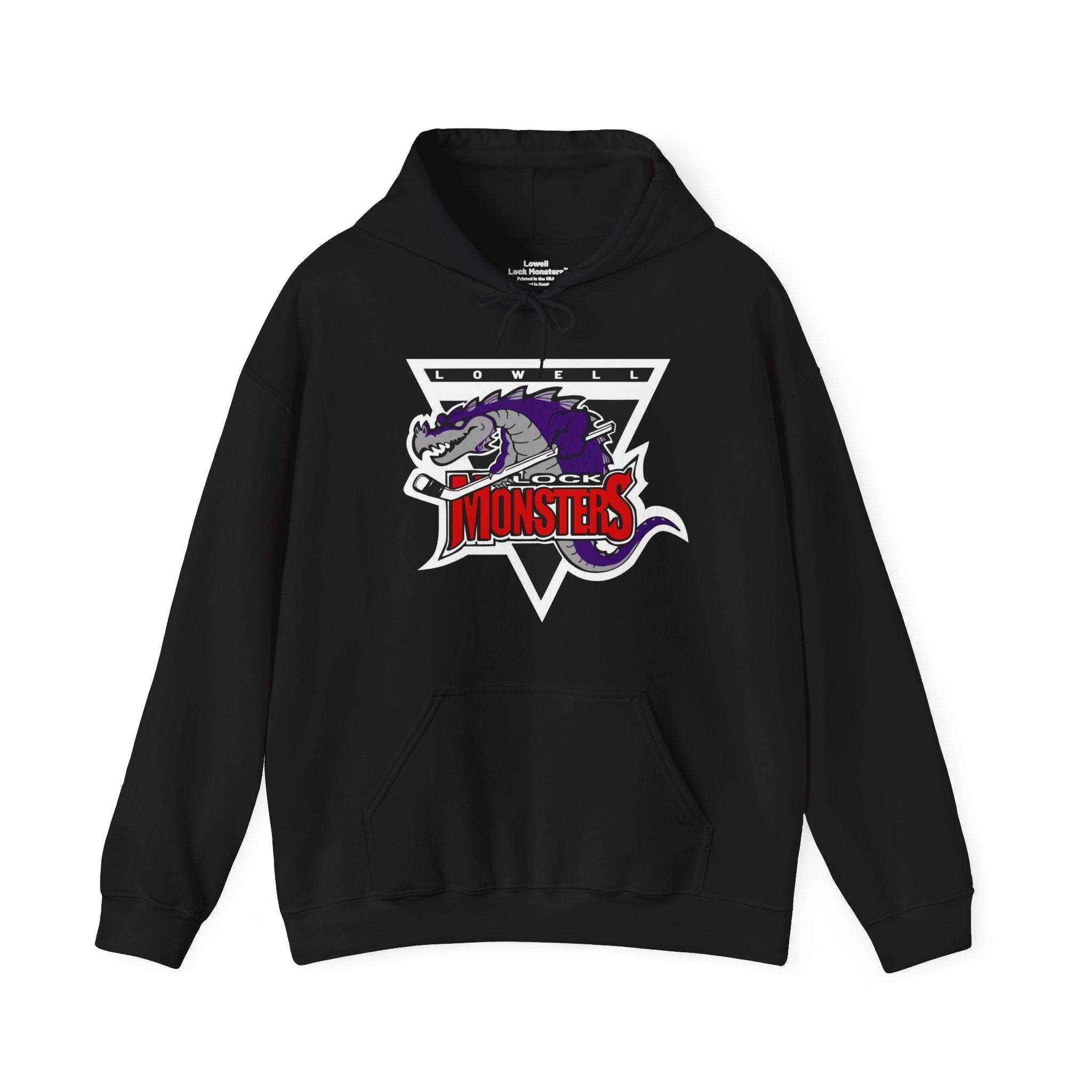CLEARANCE Lowell Lock Monsters Hooded Sweatshirt in black with the purple monster in a triangle with red text on the front
