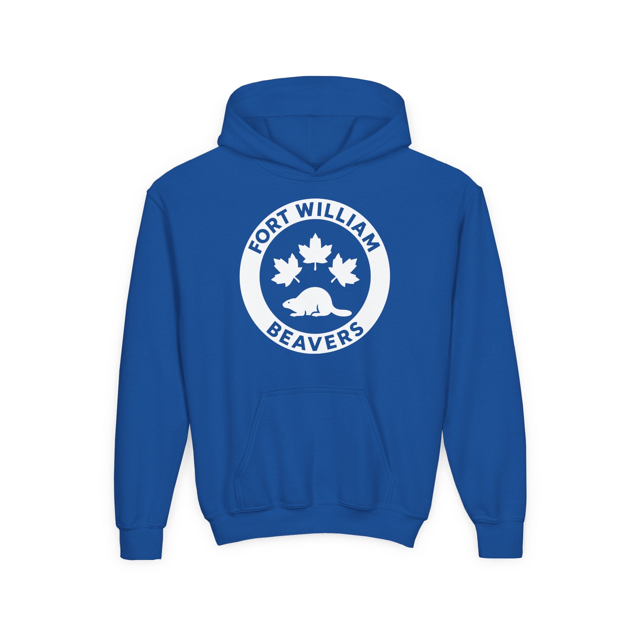 Fort William Beavers Hoodie (Youth) in royal with the white round logo of maple leaves and a beaver on the front