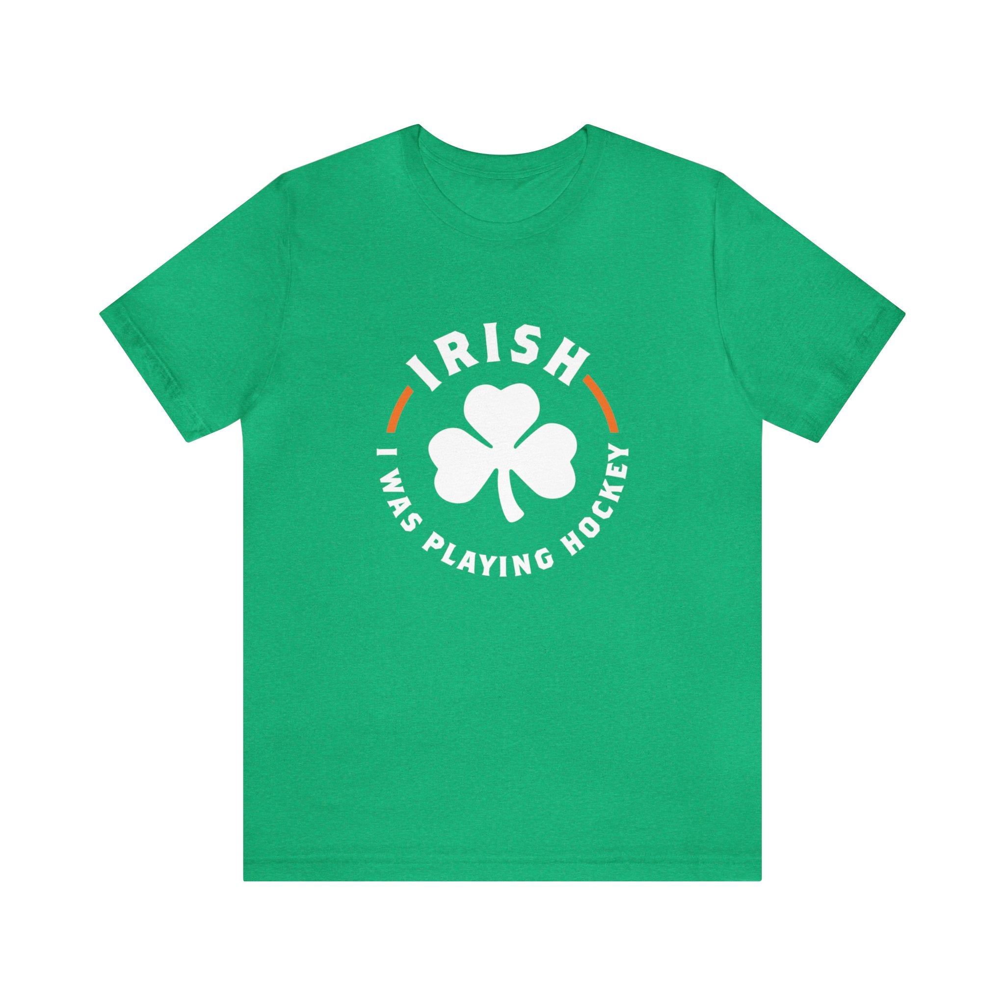 Irish I Was Playing Hockey T-Shirt (Premium Lightweight) in heather kelly with the white shamrock ringed by Irish slogan lettering on the front