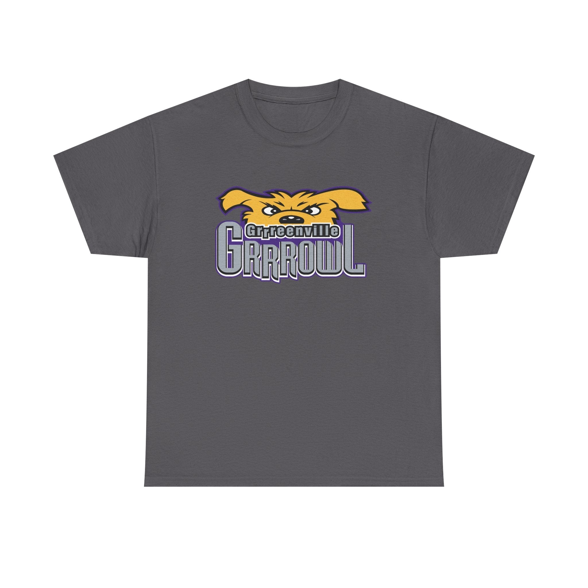 CLEARANCE Greenville Grrrowl T-Shirt in charcoal with the snarling gold bulldog over purple lettering on the front