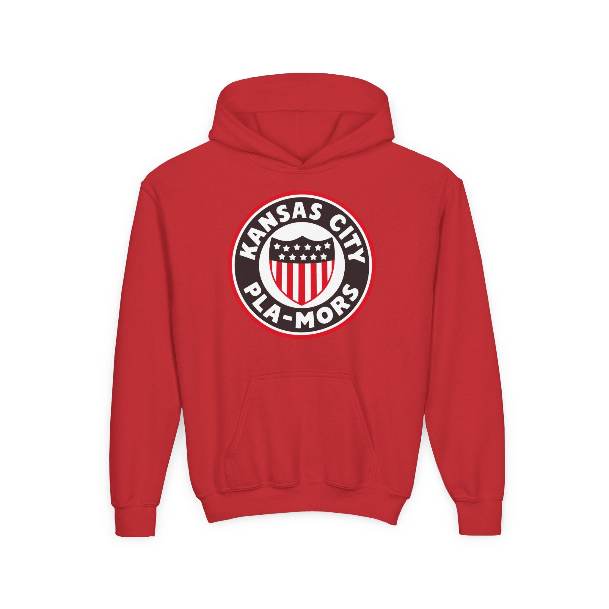 Kansas City Pla-Mors Hoodie (Youth) in red with the round logo with a stars-and-stripes shield on the front