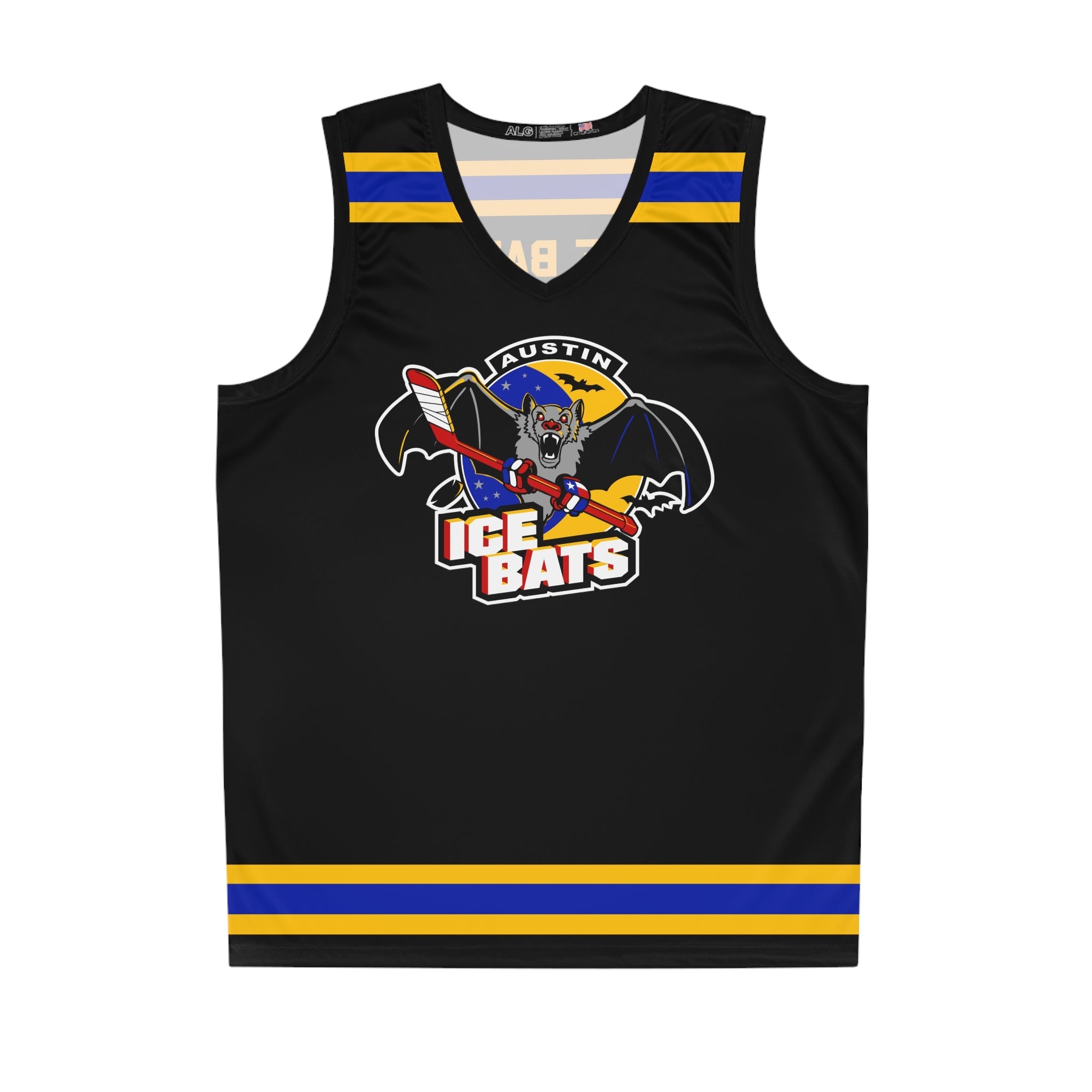 CLEARANCE Austin Ice Bats Tank Top in black with the bat mascot shield with yellow and blue stripes on the front
