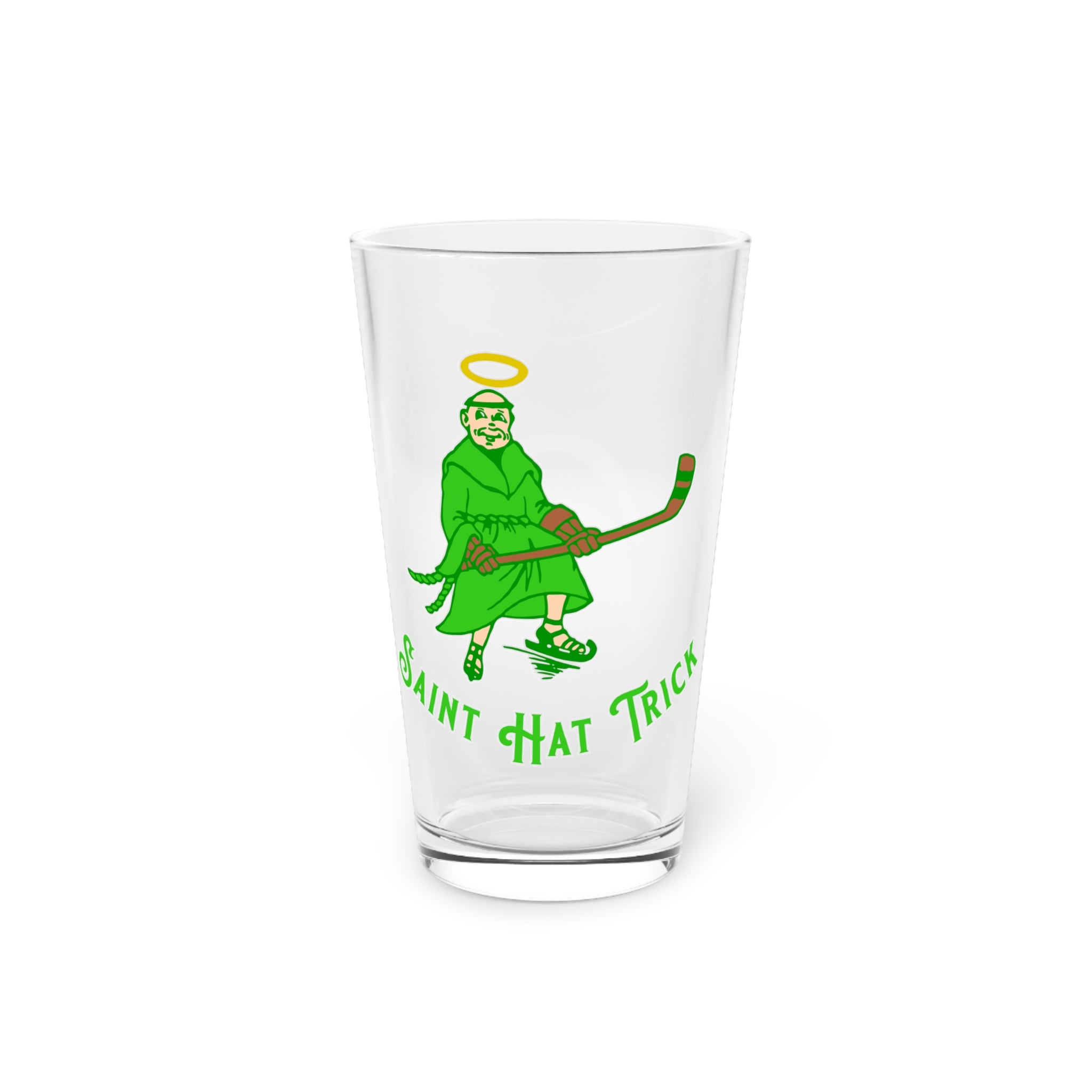 Saint Hat Trick Pint Glass, 16oz with the haloed monk skater in green with script
