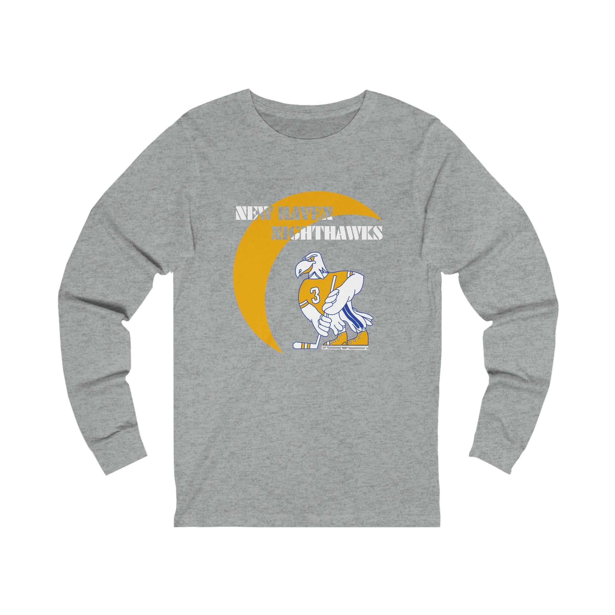 New Haven Nighthawks 1970s Long Sleeve Shirt with the cartoon hawk skater with a gold crescent moon on the front, view 3