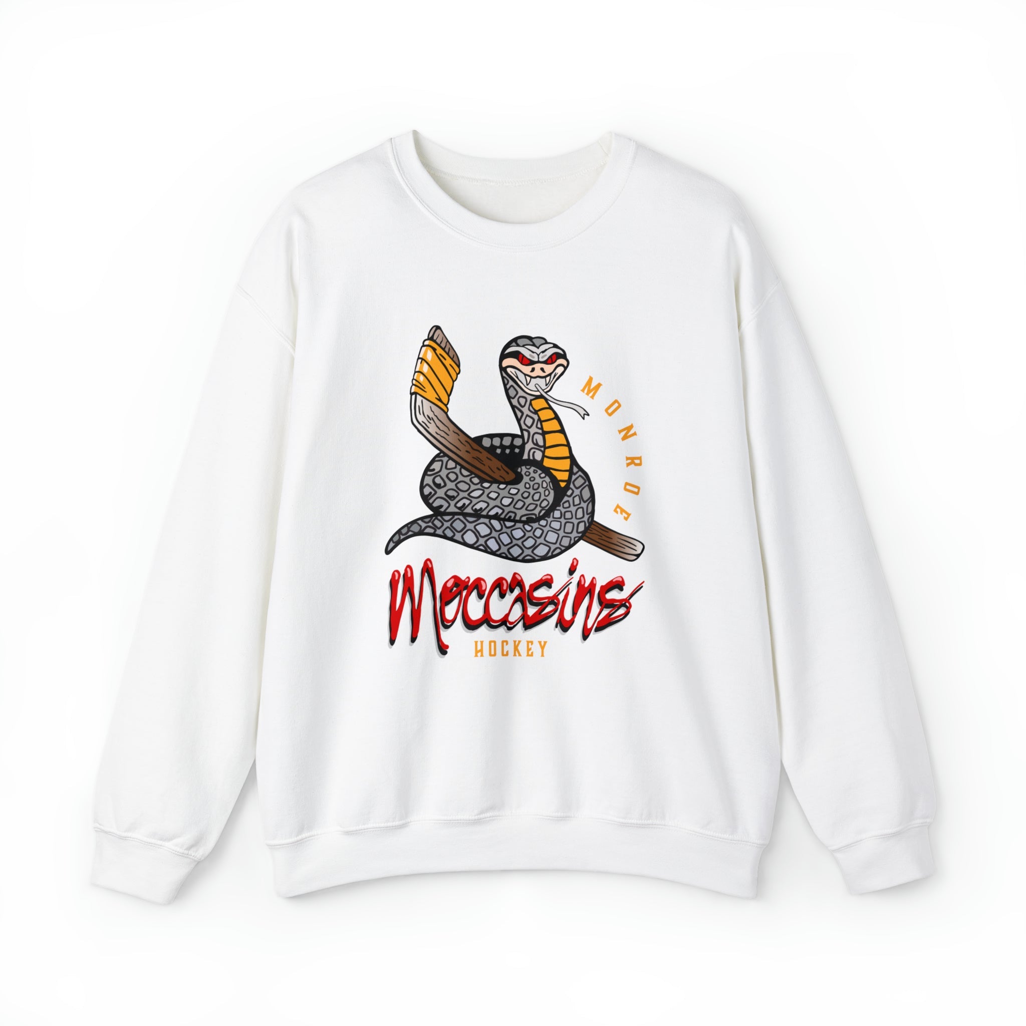 CLEARANCE Monroe Moccasins Crewneck Sweatshirt in white with the coiled snake with a stick over red script on the front