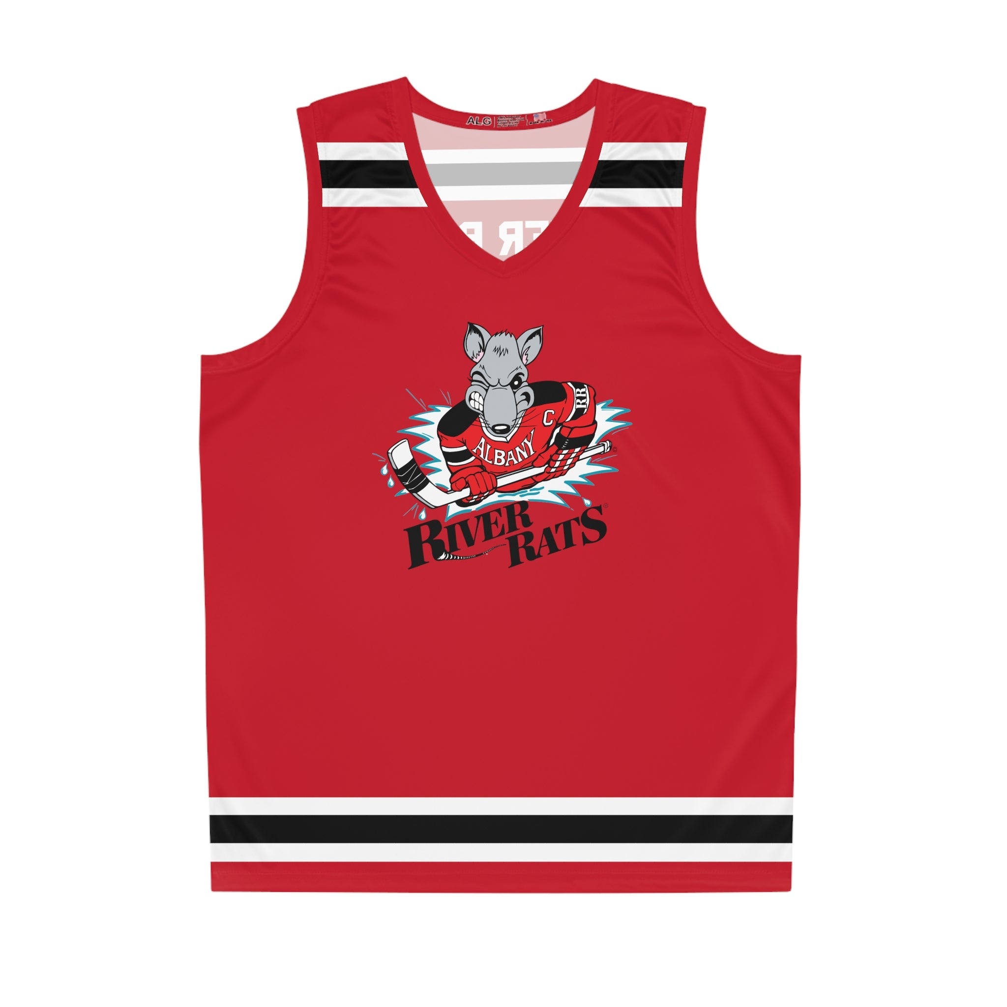 CLEARANCE Albany River Rats Tank Top in red with the rat mascot in a red jersey over script lettering on the front