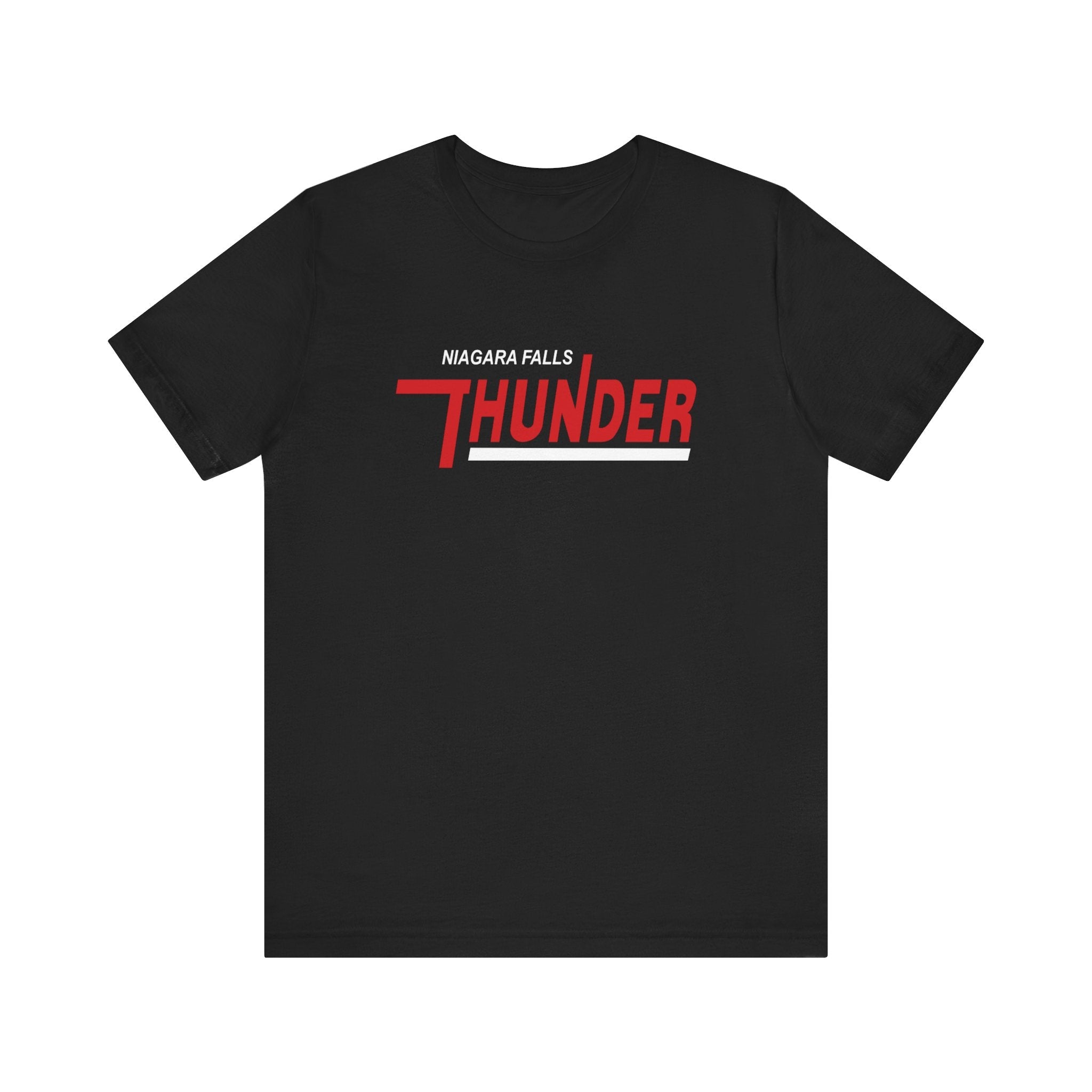 CLEARANCE Niagara Falls Thunder T-Shirt (Premium Lightweight) in black with the slanted red block wordmark with a white underline on the front