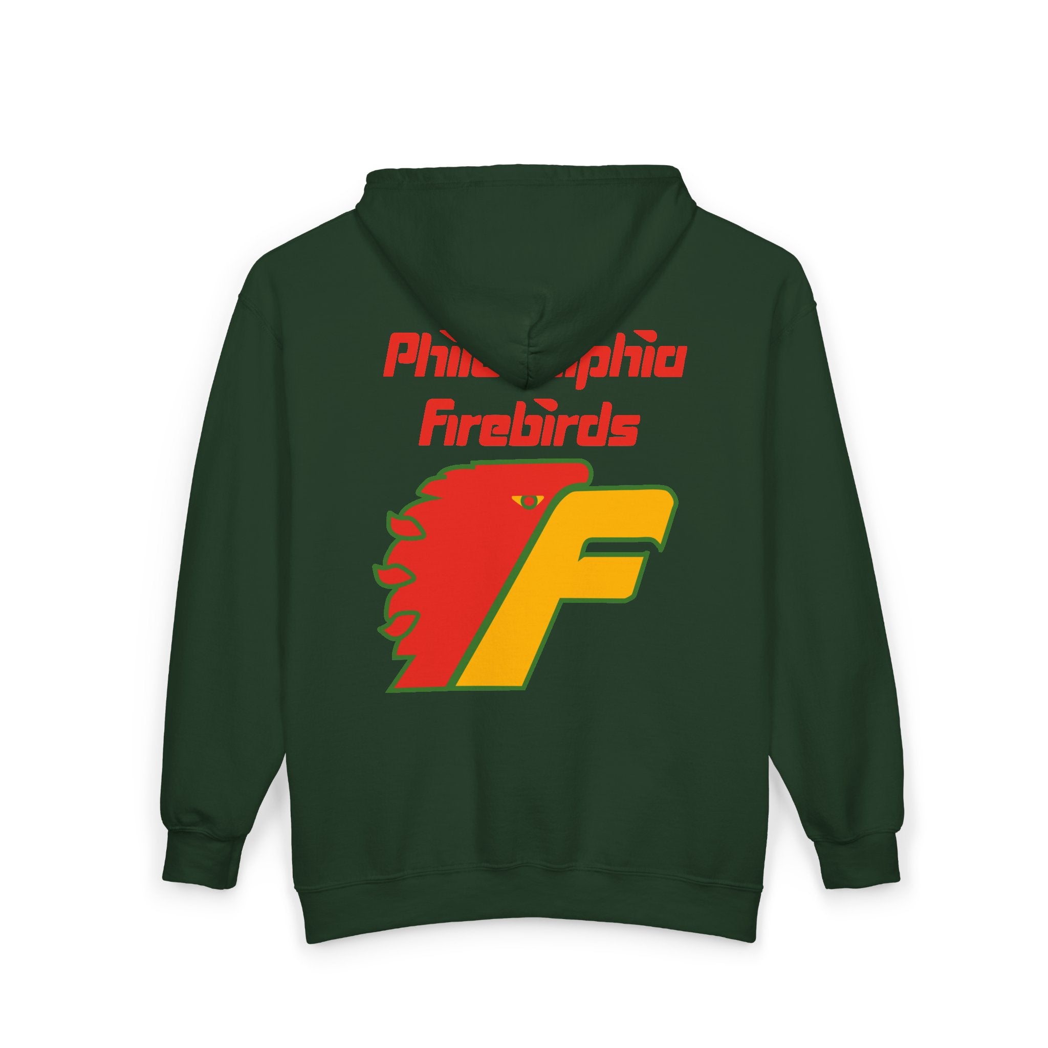 Philadelphia Firebirds Hoodie (Zip) in forest green, back view with the red and yellow firebird F logo with red script