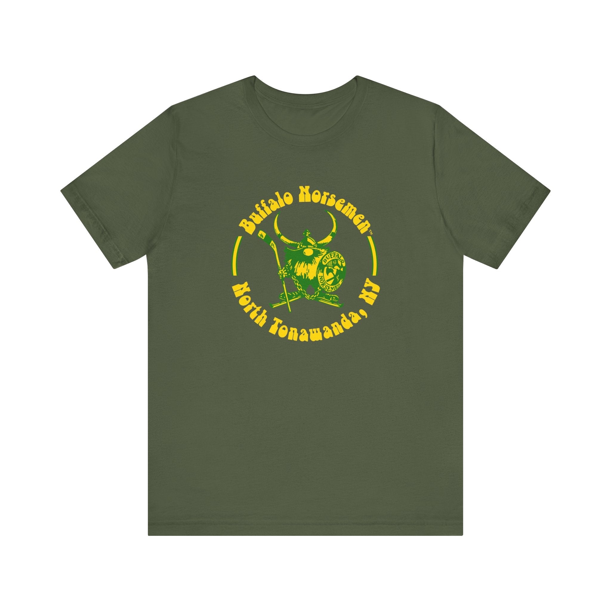 CLEARANCE Buffalo Norsemen T-Shirt (Premium Lightweight) in olive with the round yellow logo of a horned Viking on the front