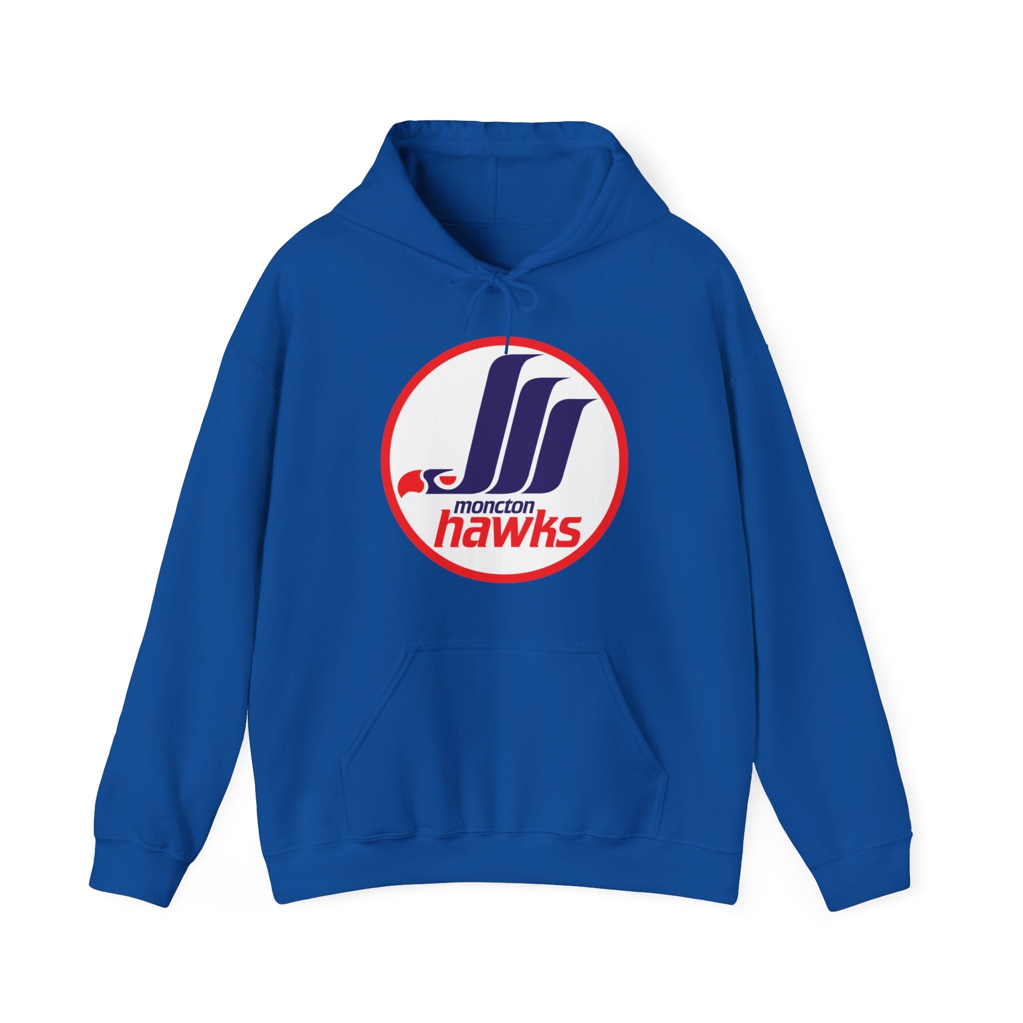 CLEARANCE Moncton Hawks Hoodie in royal with the round logo with a navy M and red script on the front