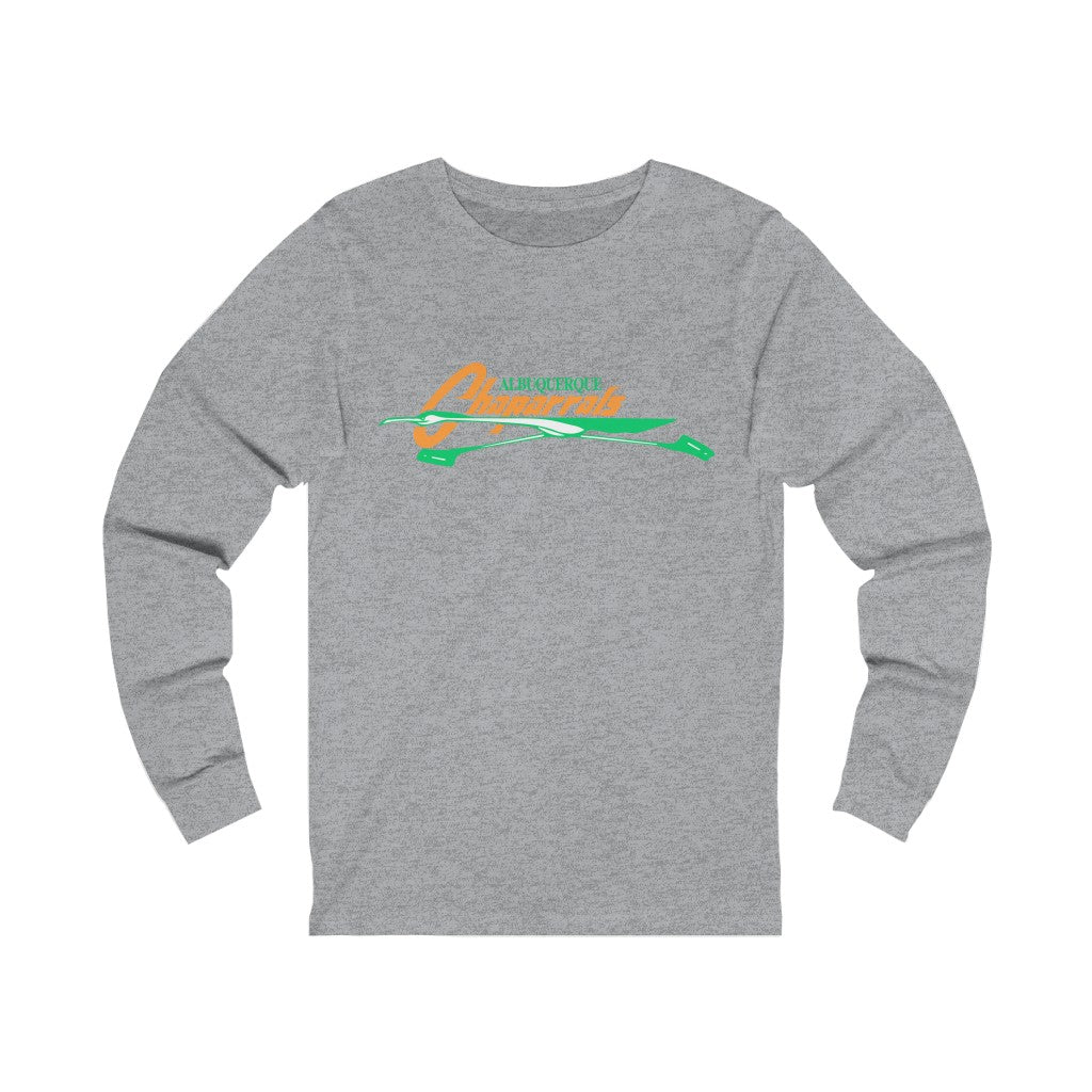 Albuquerque Chaparrals Long Sleeve Shirt with the orange script over a green roadrunner swoosh on the front, view 3